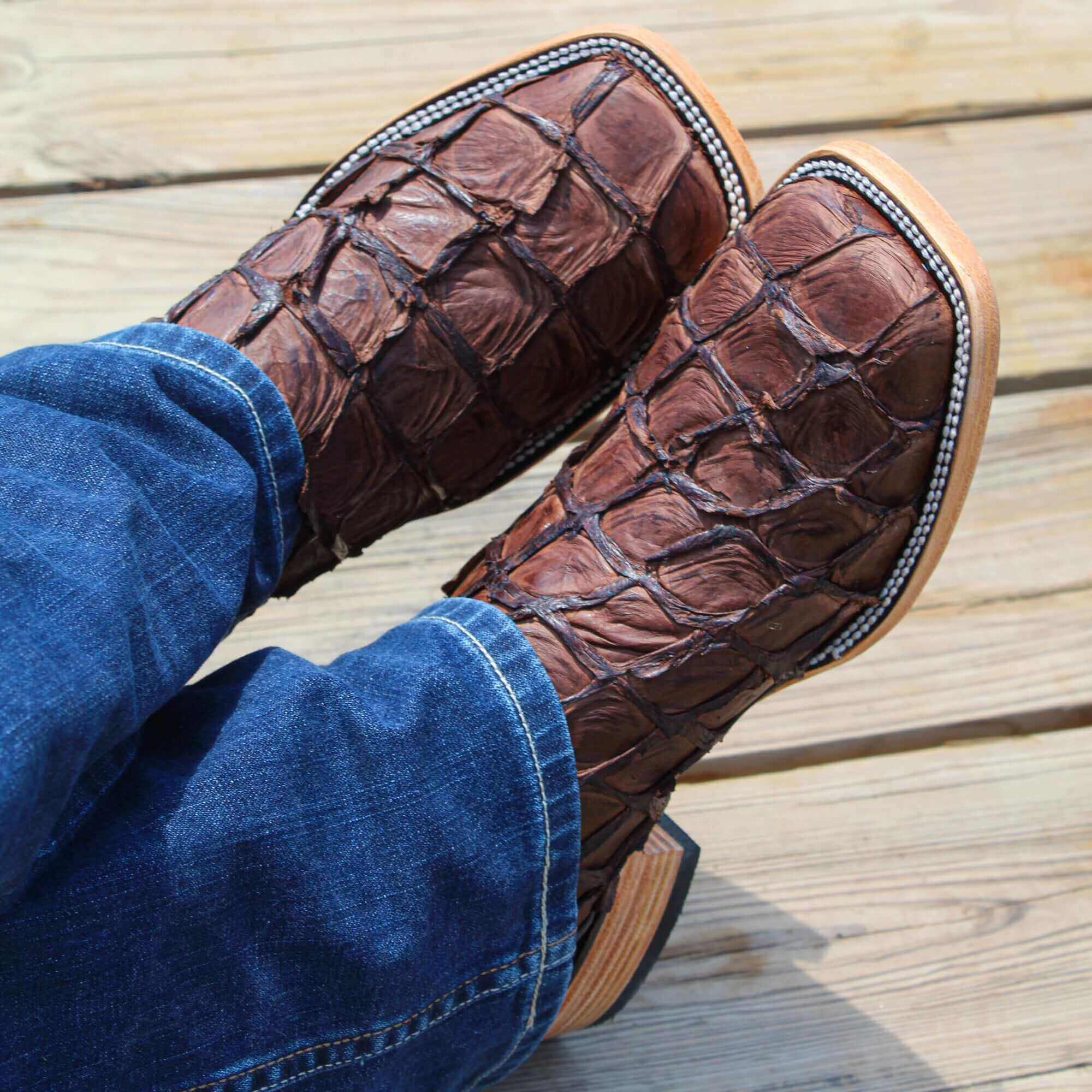 Men's Vaccari Mocha Pirarucu Broad Square Toe Cowboy Boots