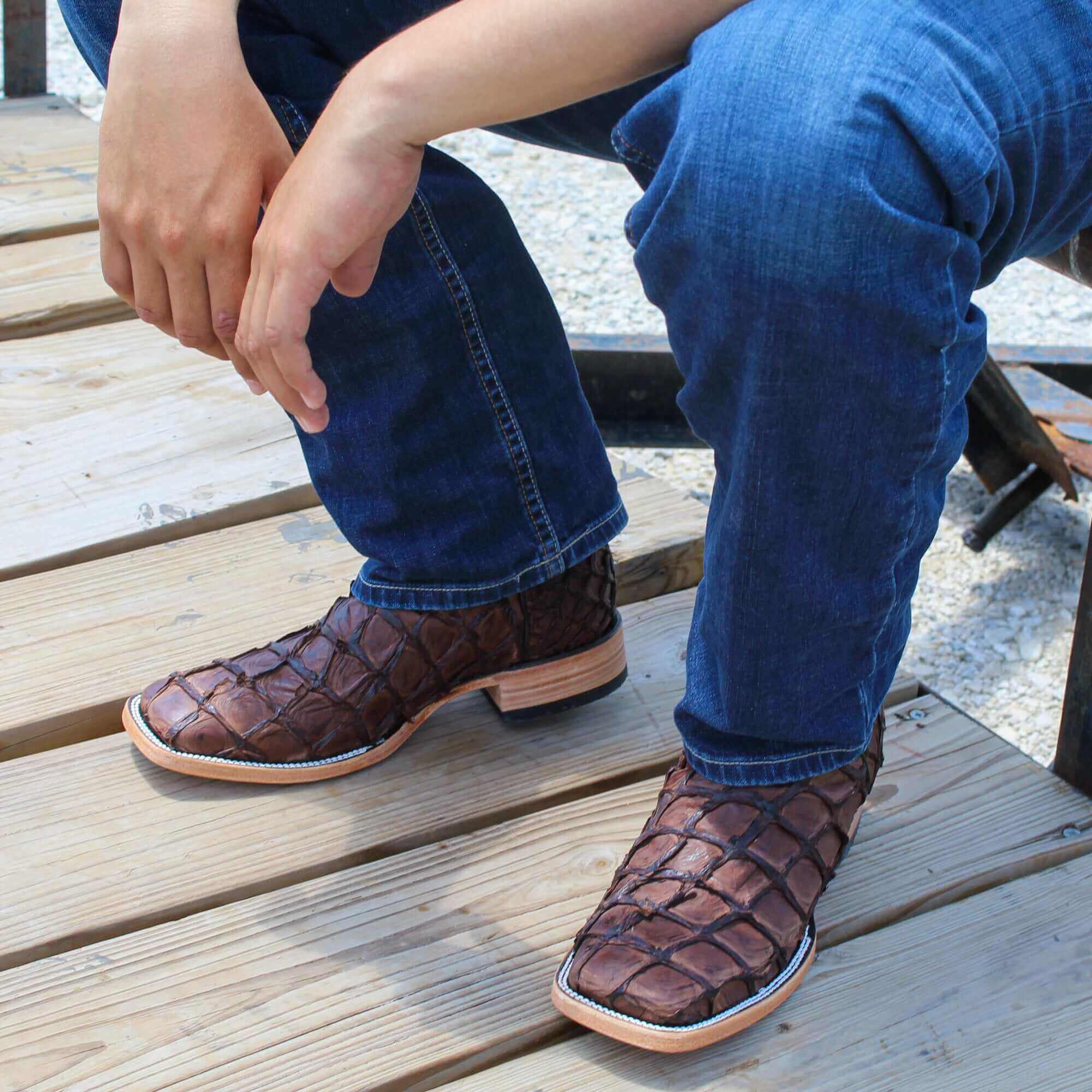 Men's Vaccari Mocha Pirarucu Broad Square Toe Cowboy Boots