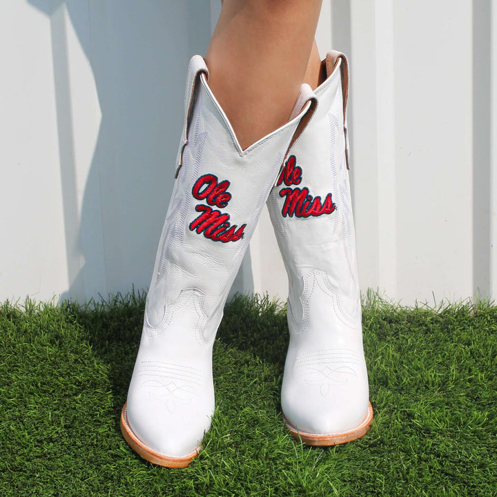 Women's University of Mississippi All White Pointed Toe Cowgirl Boots Leighton Vaccari University