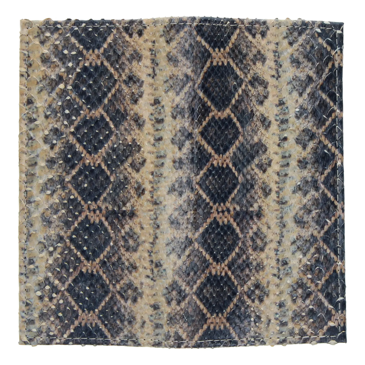 Python checkbook wallet exterior close-up, blue-gray and tan snake-skin pattern