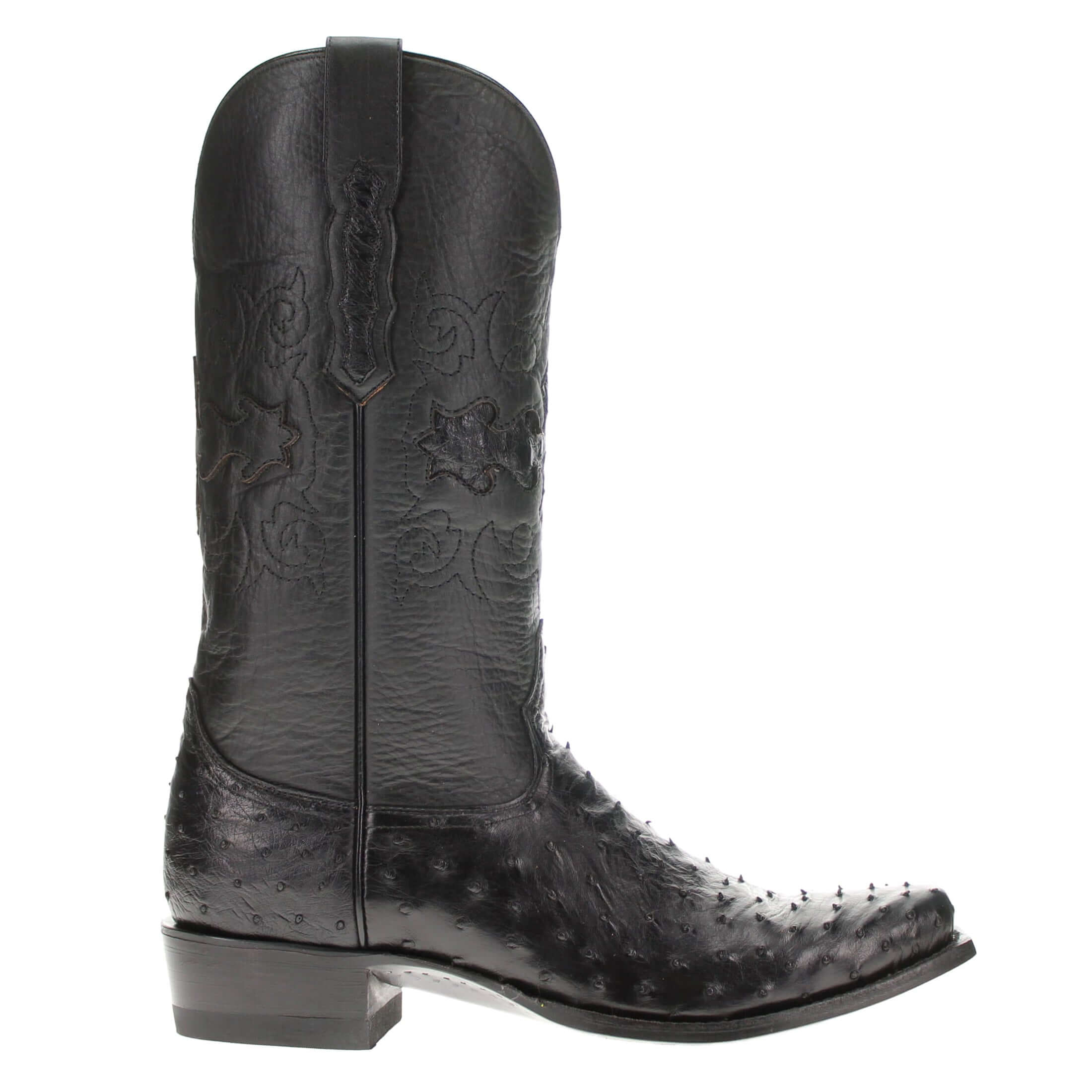 Mens black leather western boots with round toe and decorative stitching, featuring full-quill ostrich leather on the foot for added texture.