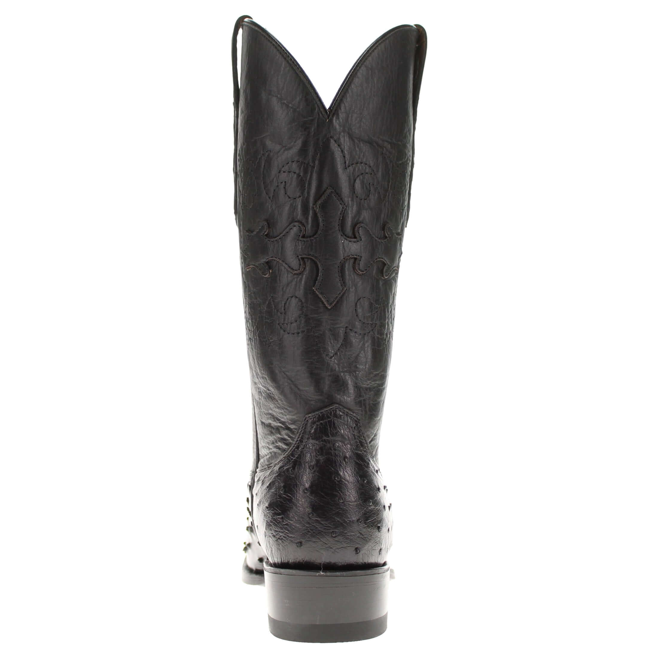 Mens black leather western boots with round toe and decorative stitching, featuring full-quill ostrich leather on the foot for added texture.