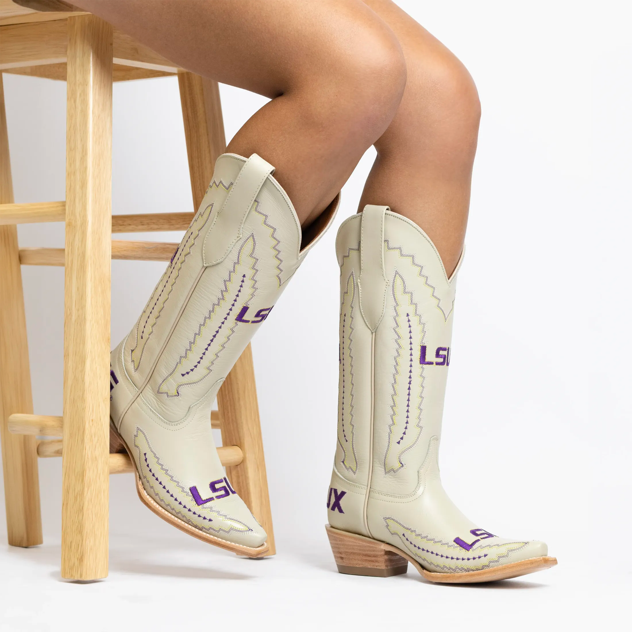Women's Louisiana State University Bone Leather Snip Toe Cowgirl Boots by Vaccari