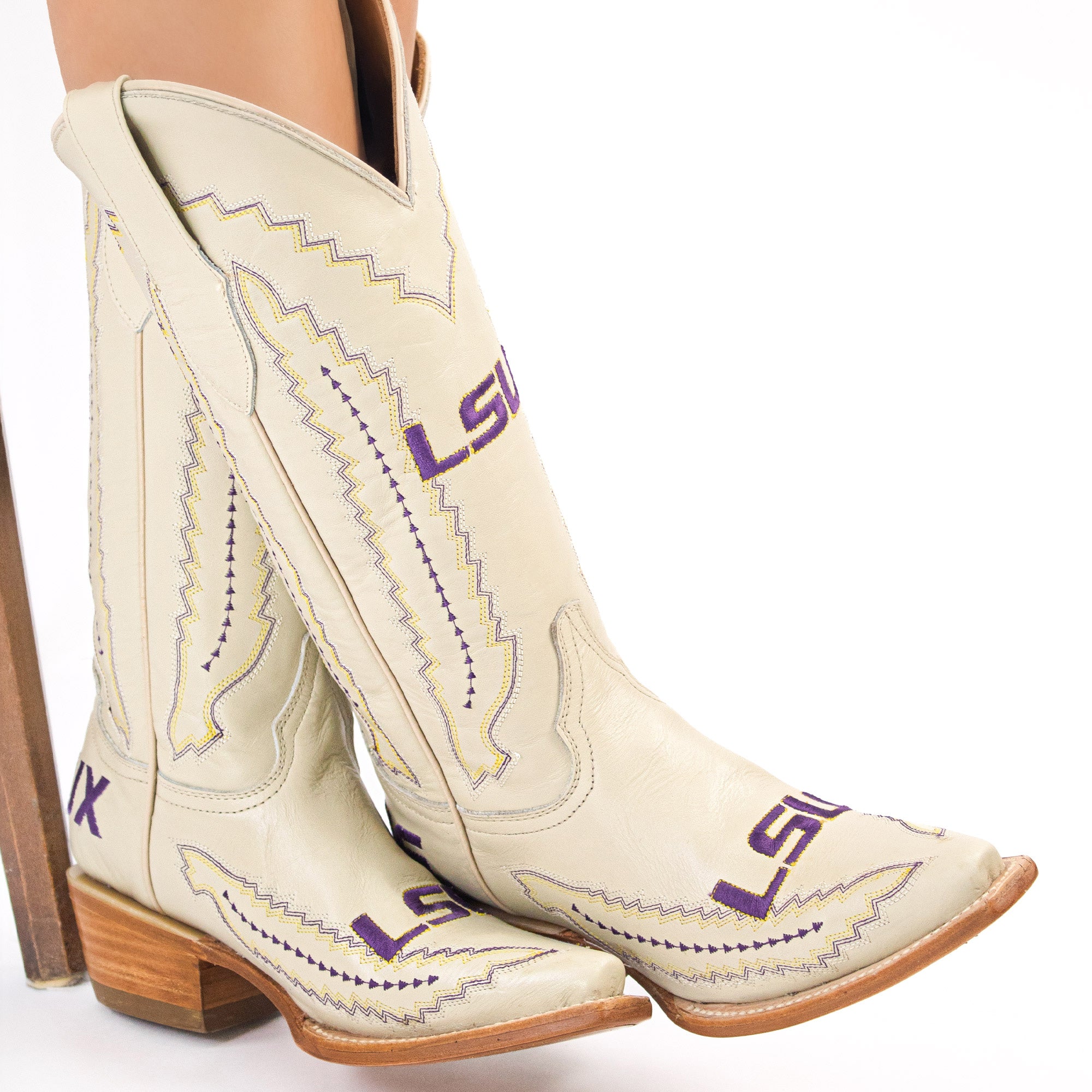 Women's Louisiana State University Bone Leather Snip Toe Cowgirl Boots by Vaccari