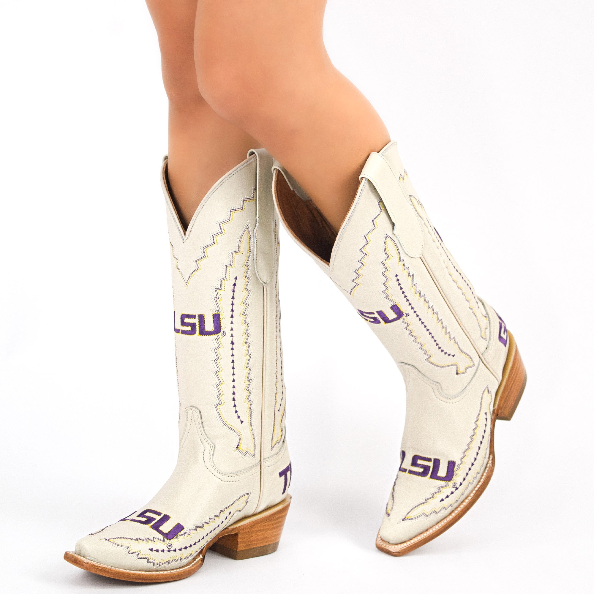 Women's Louisiana State University Bone Leather Snip Toe Cowgirl Boots by Vaccari