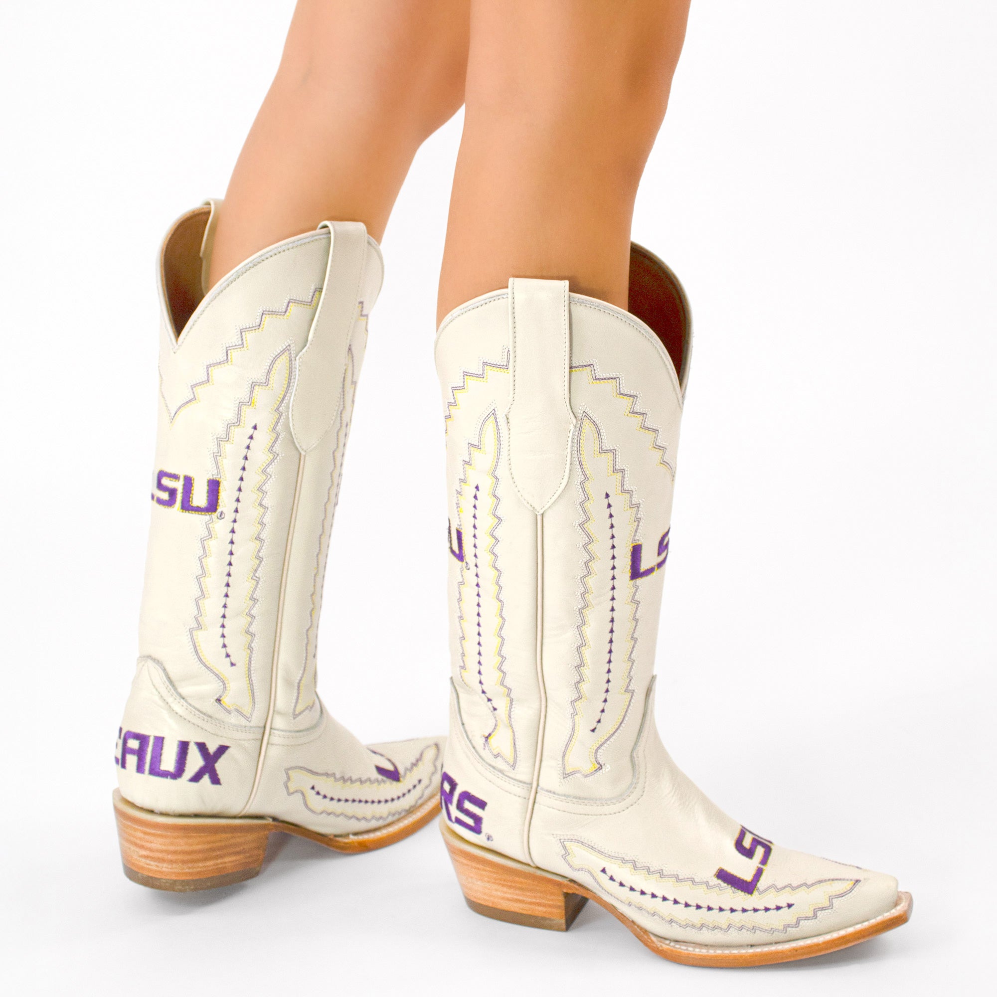 Women's Louisiana State University Bone Leather Snip Toe Cowgirl Boots by Vaccari