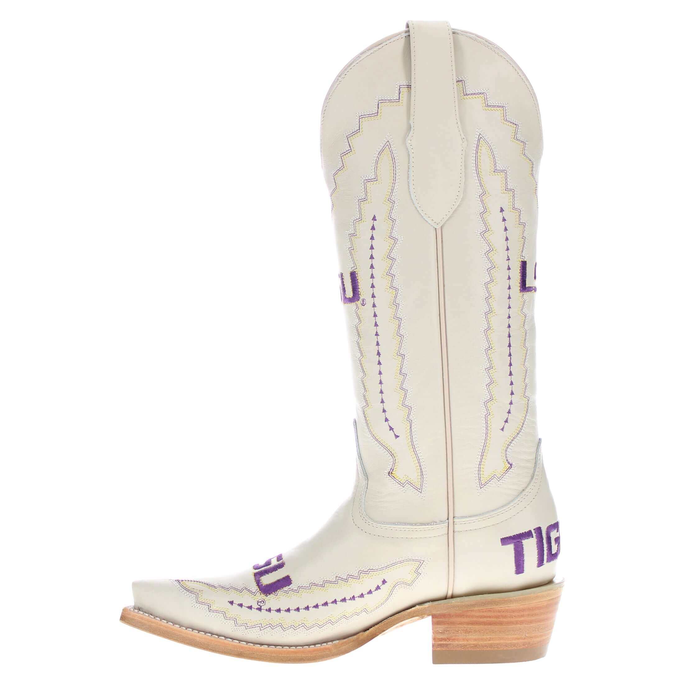 Women's Louisiana State University Bone Leather Snip Toe Cowgirl Boots by Vaccari