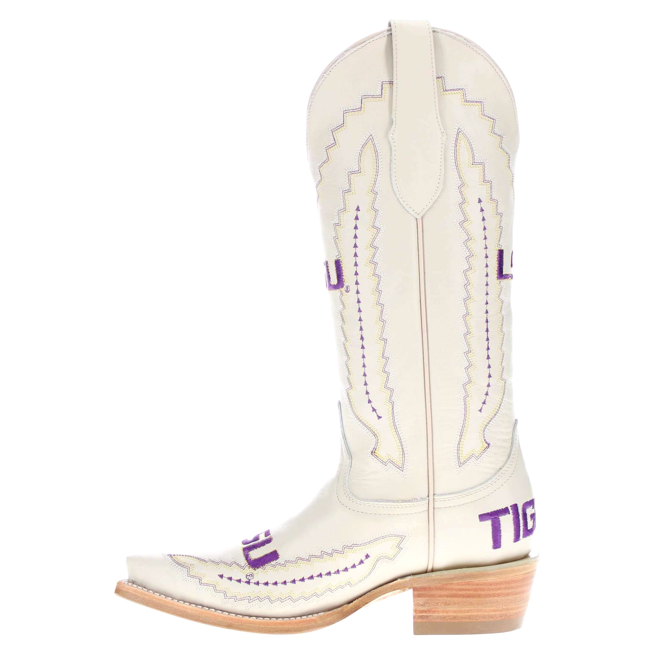 Women's Louisiana State University Bone Leather Snip Toe Cowgirl Boots by Vaccari