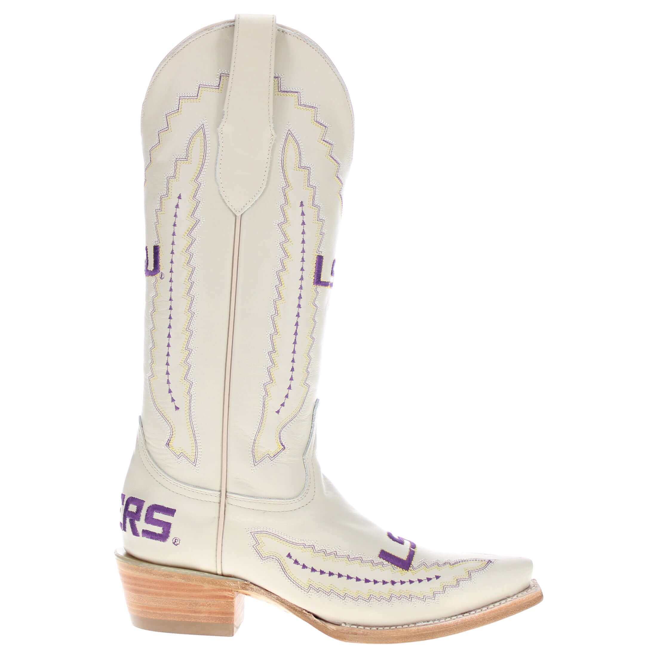 Women's Louisiana State University Bone Leather Snip Toe Cowgirl Boots by Vaccari