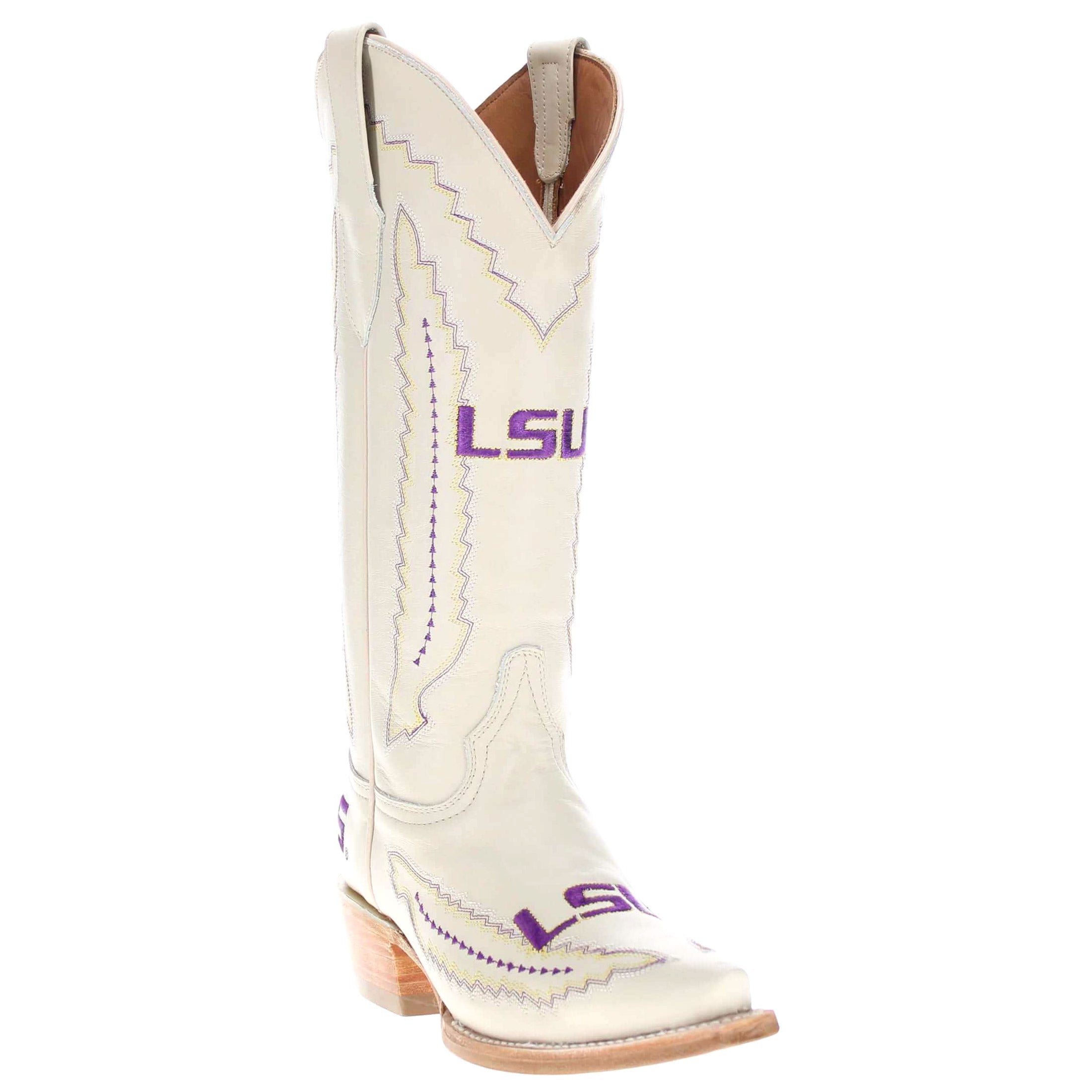 Women's Louisiana State University Bone Leather Snip Toe Cowgirl Boots by Vaccari
