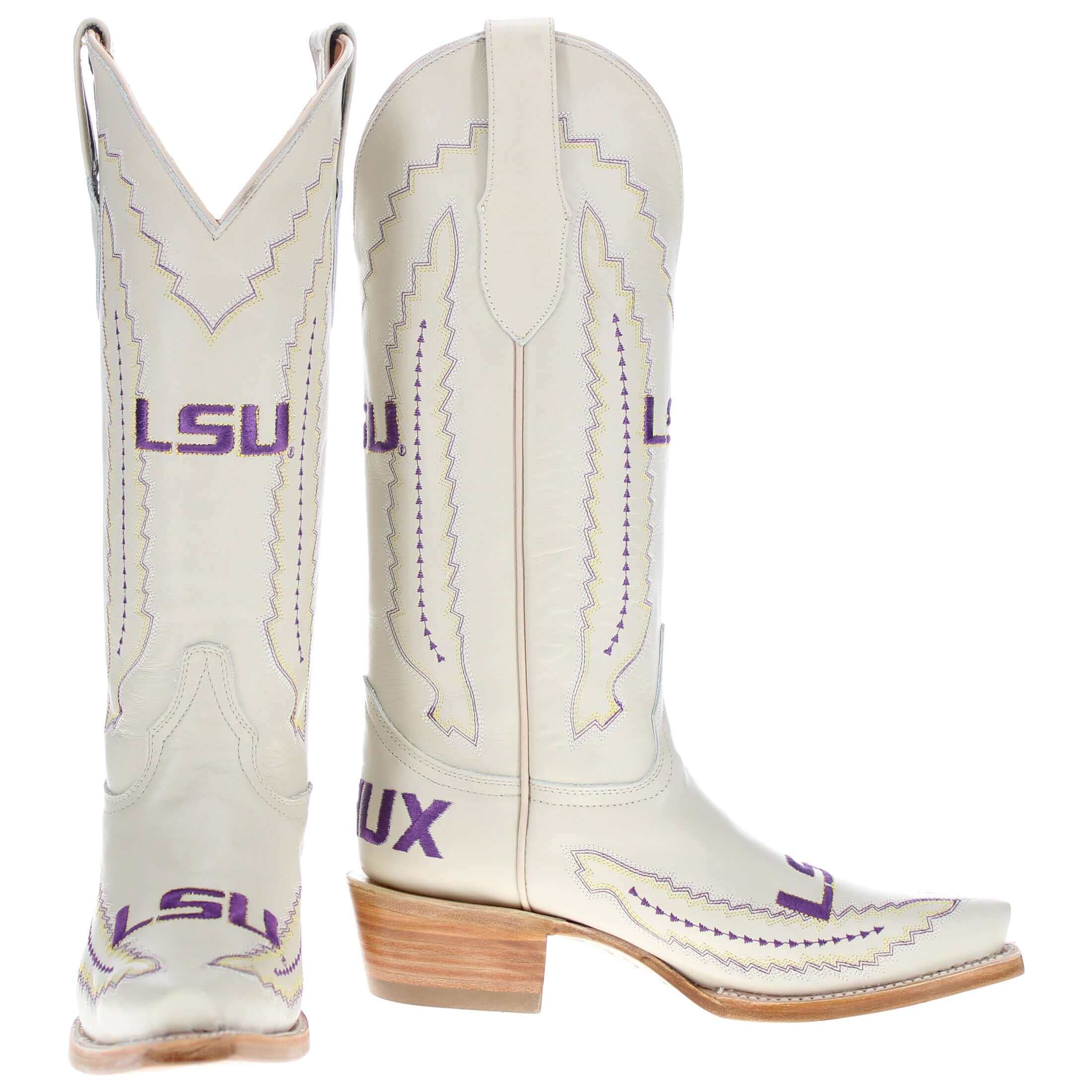 Women's Louisiana State University Bone Leather Snip Toe Cowgirl Boots by Vaccari