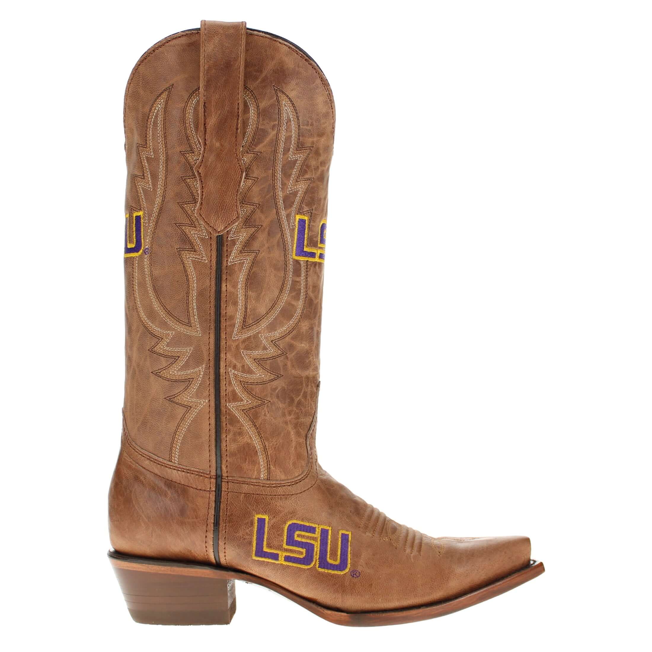 Women's LSU Tigers Tan Leather Snip Toe Cowgirl Boots by Vaccari
