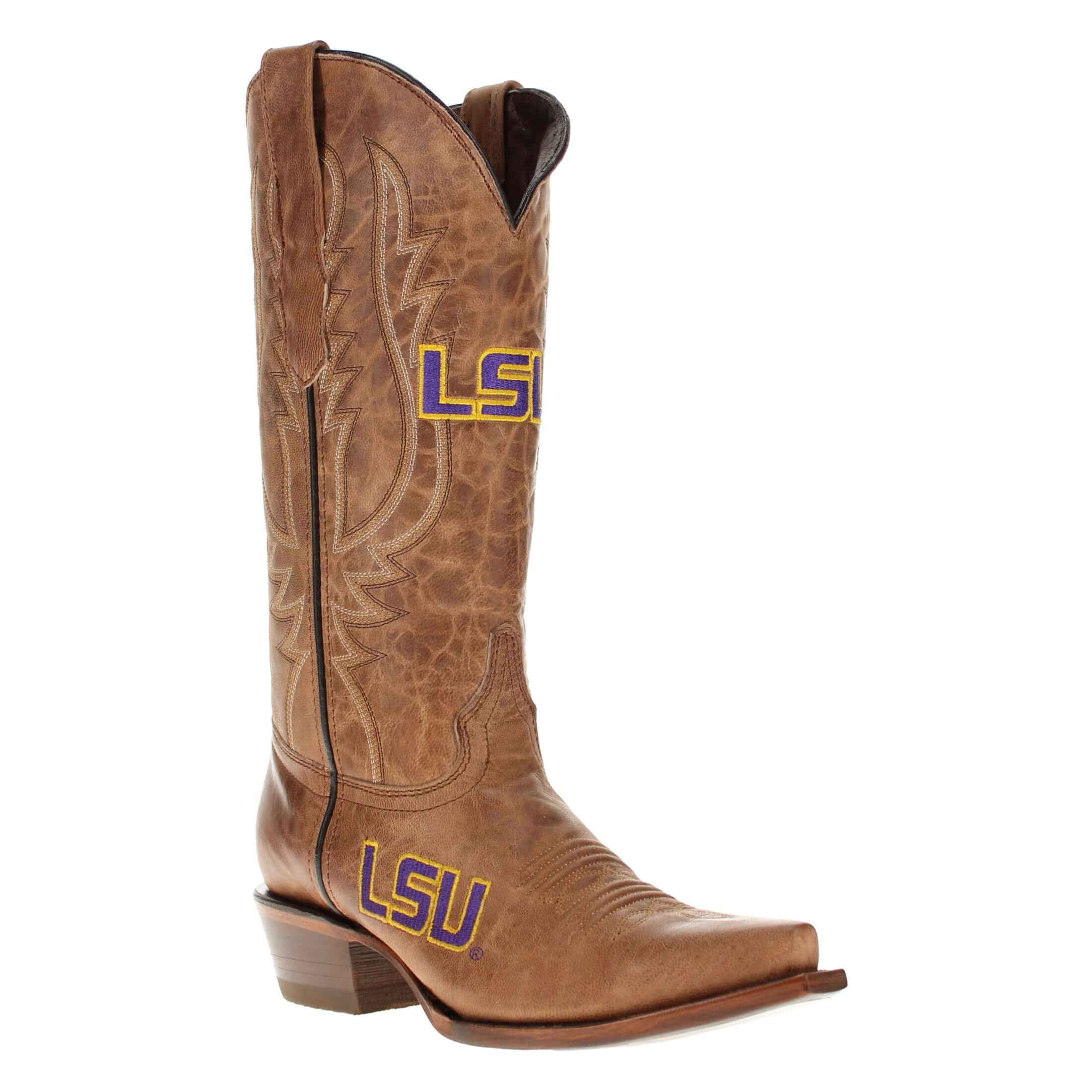 Women's LSU Tigers Tan Leather Snip Toe Cowgirl Boots by Vaccari