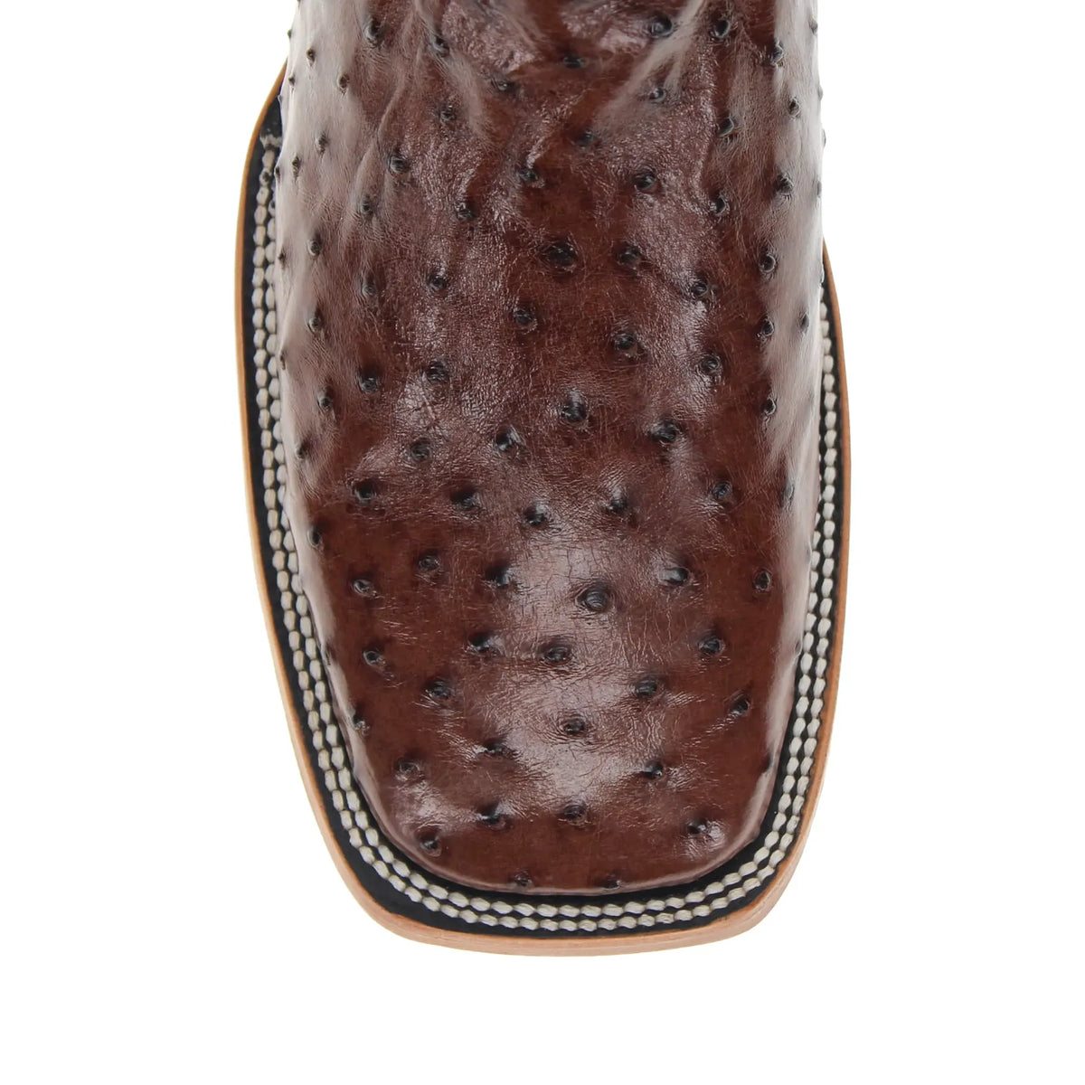 Brown boot vamp with textured leather and stitched double-trim edge