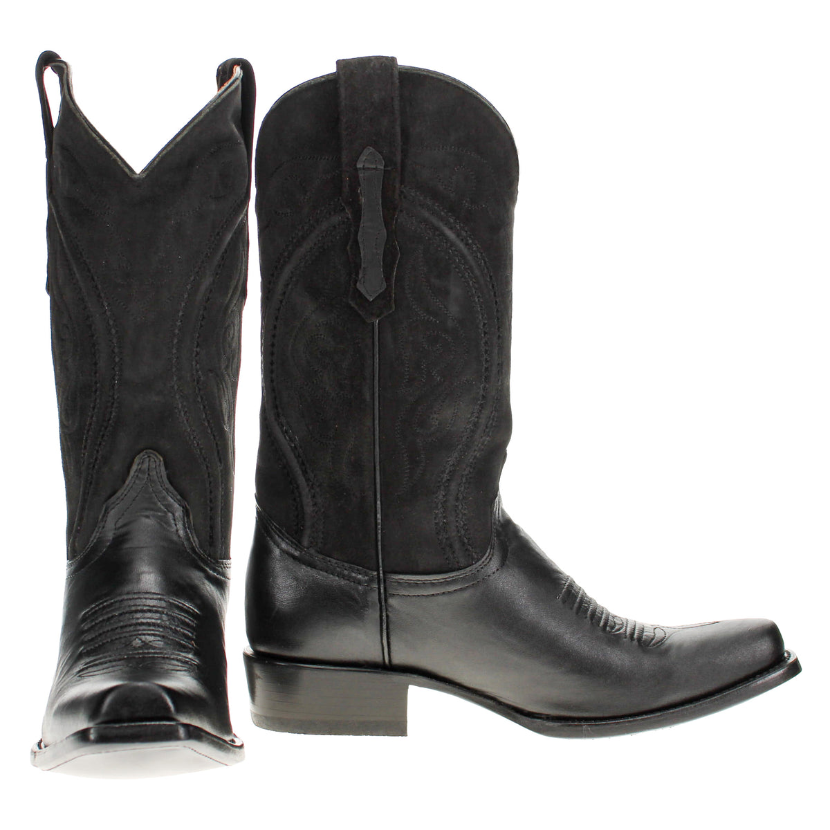 Black cowboy boots with pointed toe, pull-on shaft, and decorative stitching