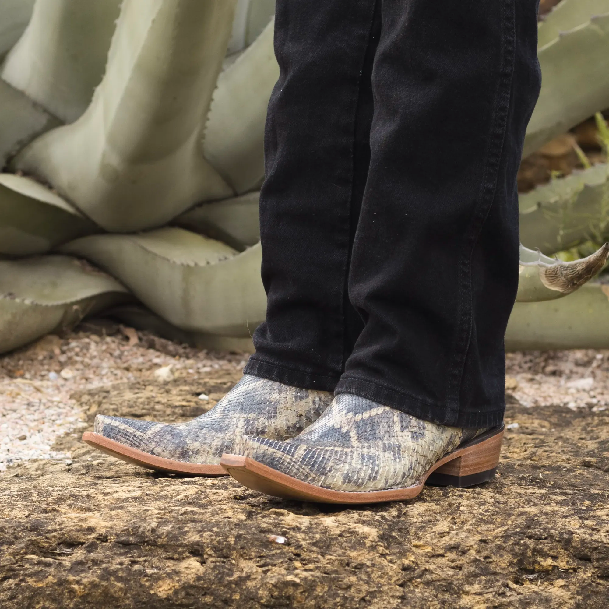 Men's Beige Python with Rattlesnake Overlay Snip Toe Cowboy Boots by Vaccari