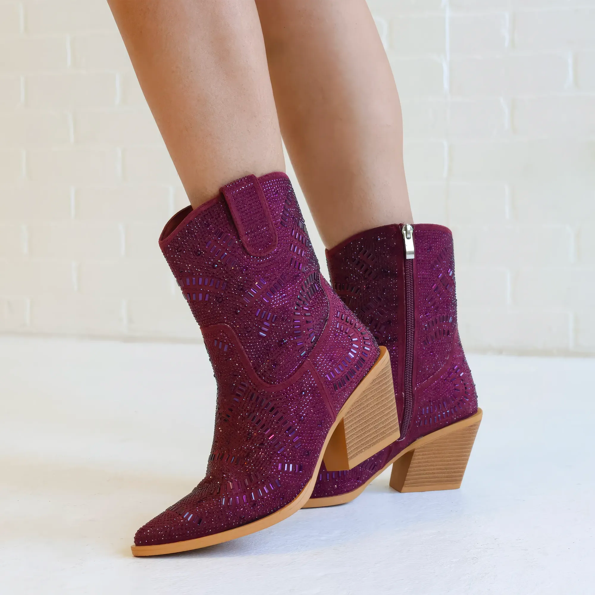 Women's Maroon Jeweled PU Leather Cowboy Boot by Vaccari