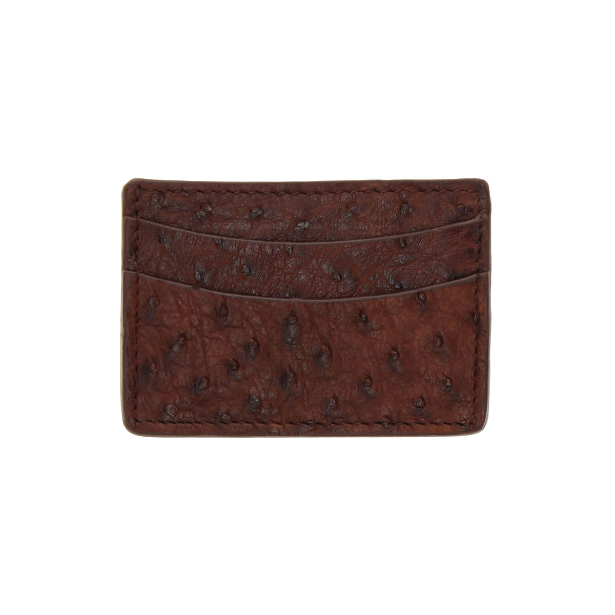 Dark brown quill-textured ostrich card holder with horizontal seam and stitched edge