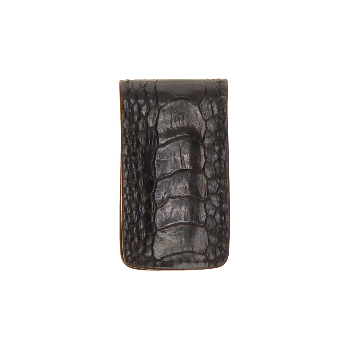 Ostrich leg leather money clip, dark brown, rectangular with curved edges
