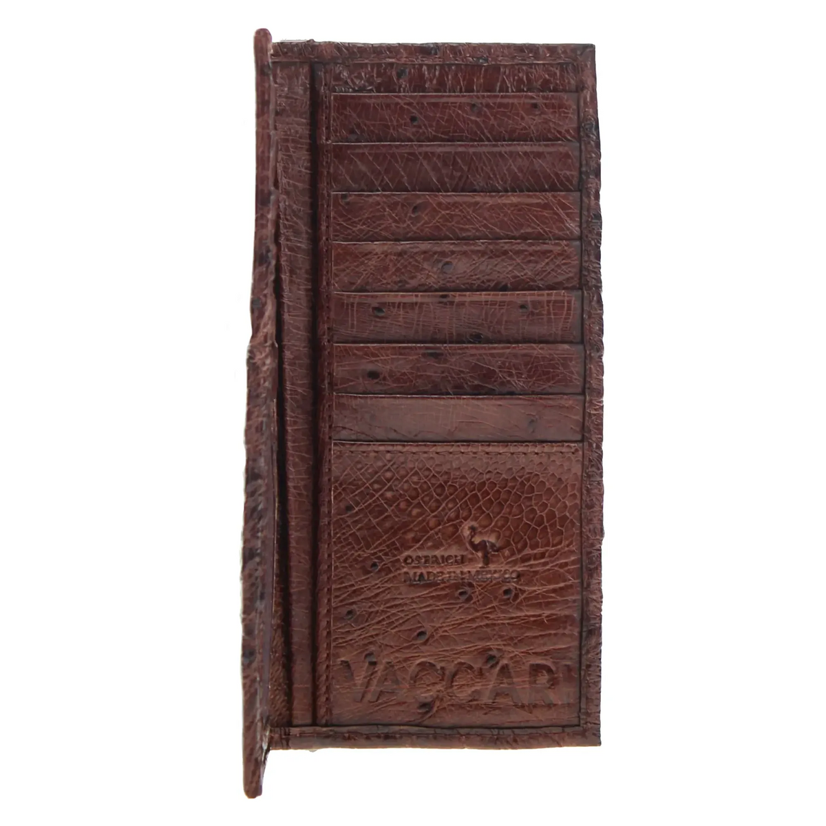 Dark brown ostrich checkbook wallet with card slots and stamped logo.
