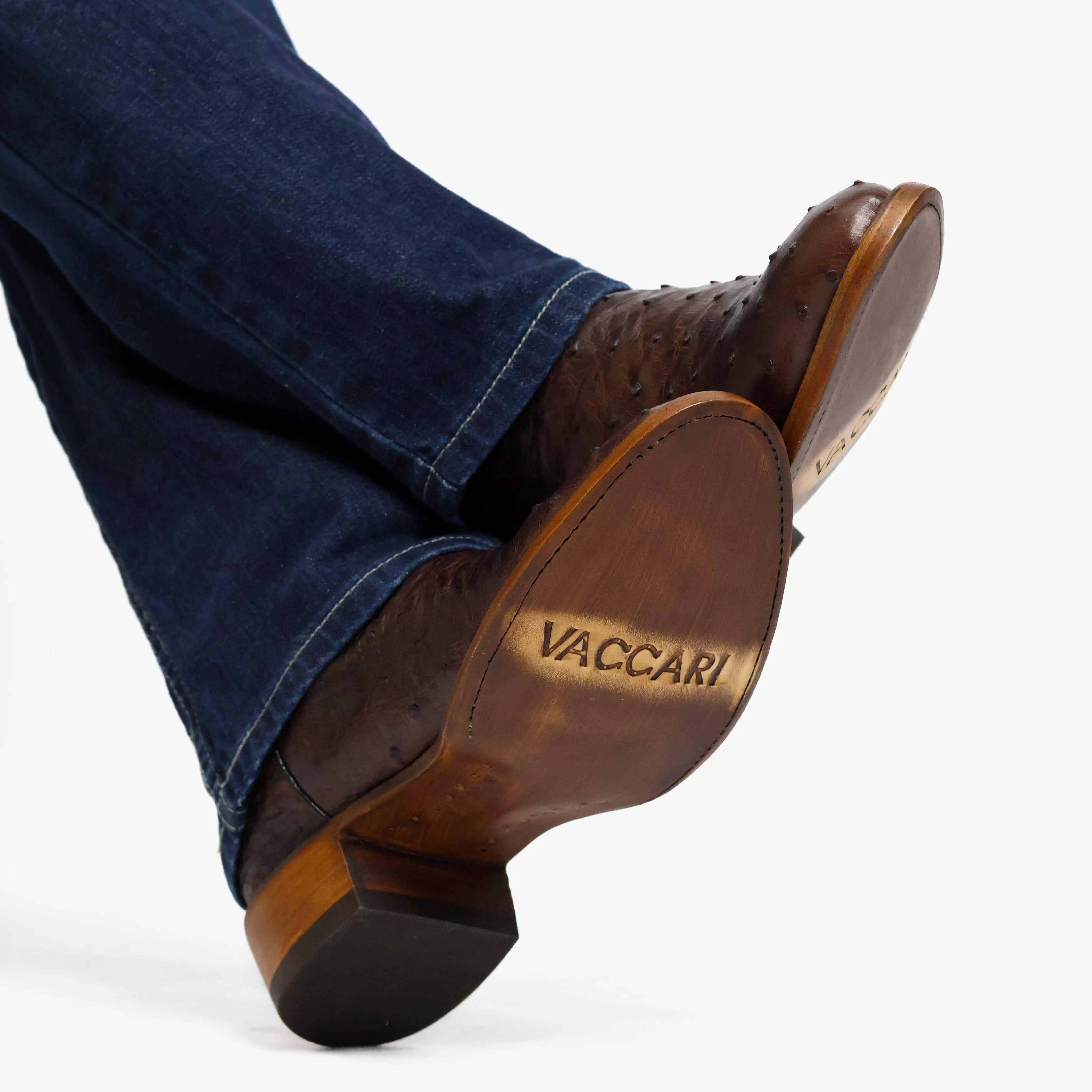 Men's Mocha Full Quill Ostrich Round Toe Cowboy Boots by Vaccari