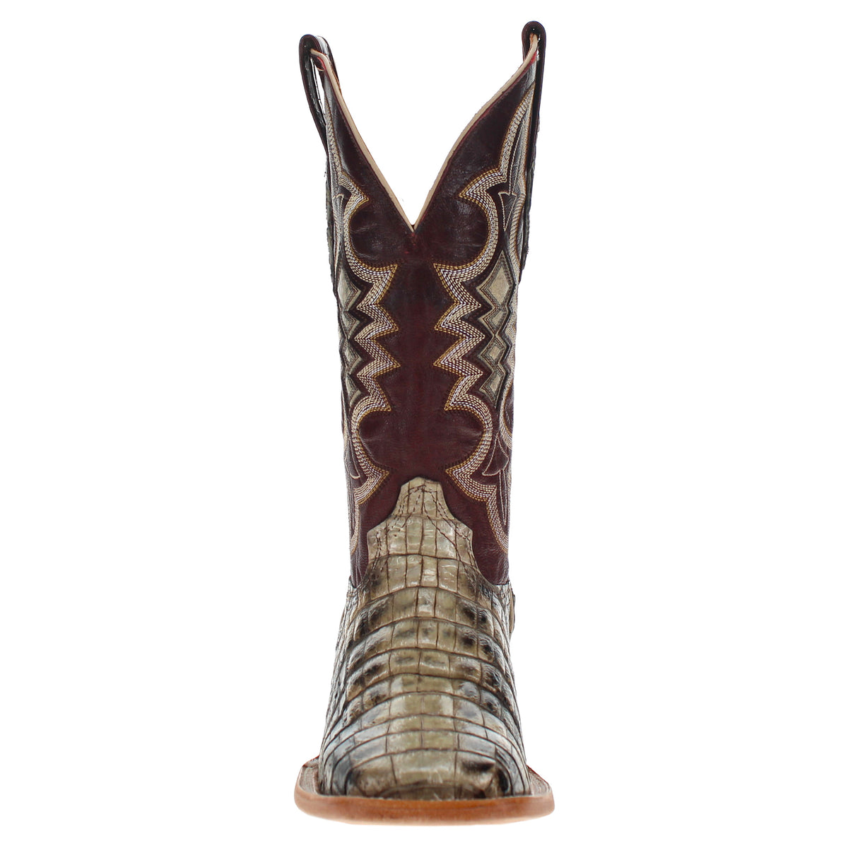Alligator cowboy boot with tan textured foot and dark maroon stitched shaft