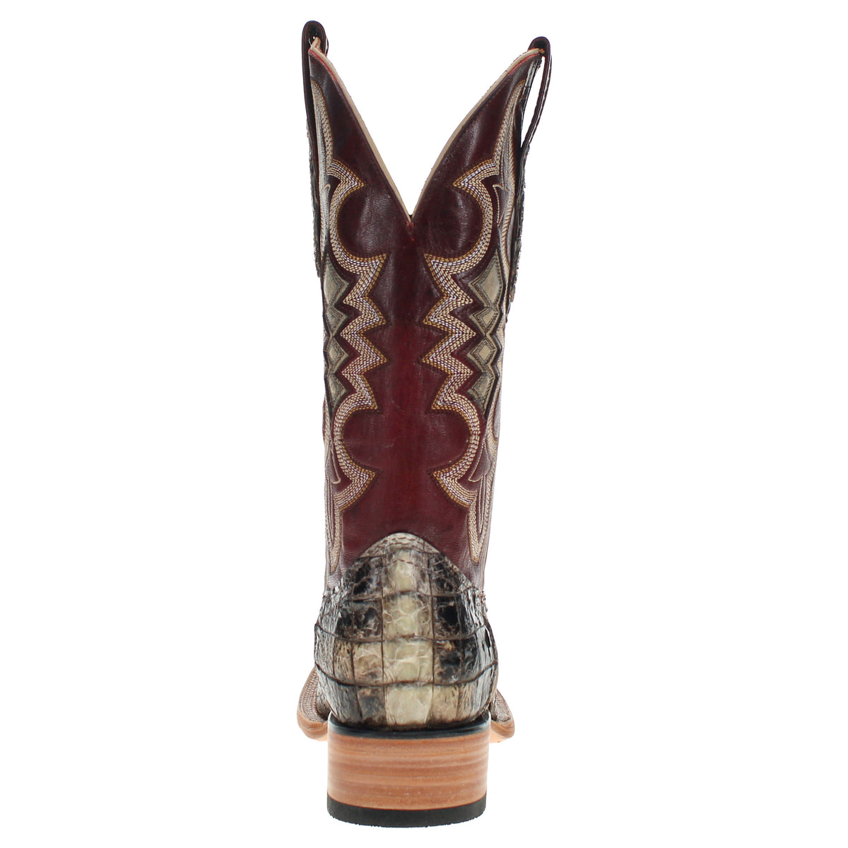 Alligator cowboy boot with dark leather shaft and detailed western stitch pattern