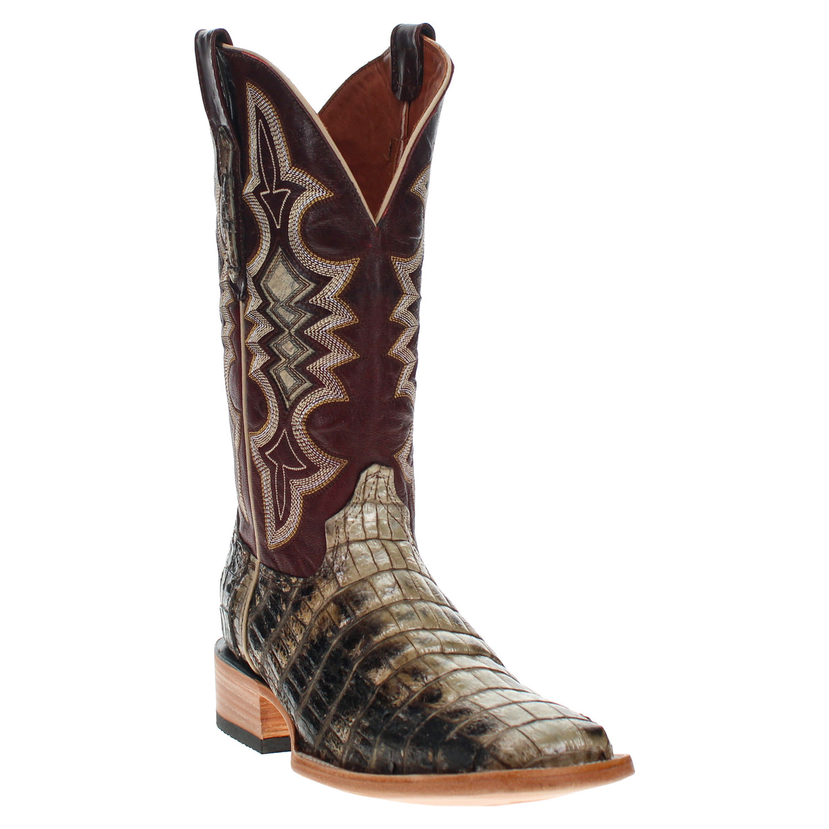 Western-style alligator cowboy boot with pointed toe and dark patterned shaft