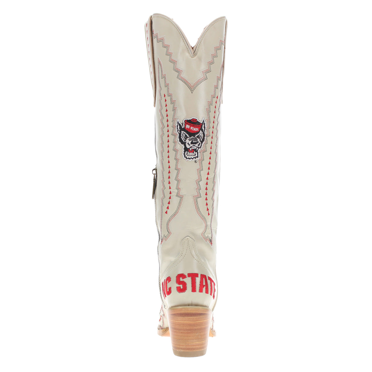 White cowboy boot with dog logo patch and red lettering on shaft, stacked wood heel
