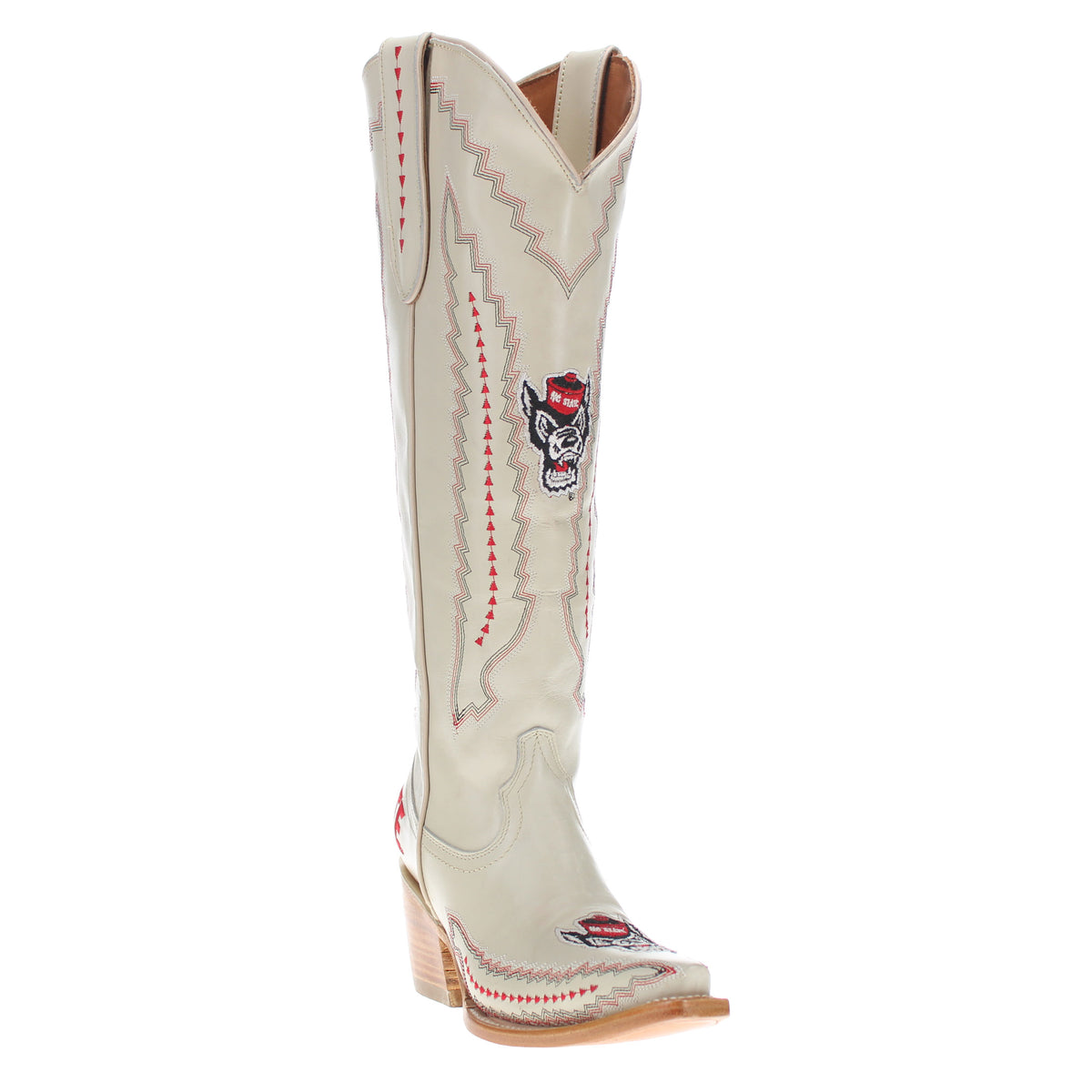White cowboy boot with chevron stitch trim and dog logo patch, brown stacked wood heel
