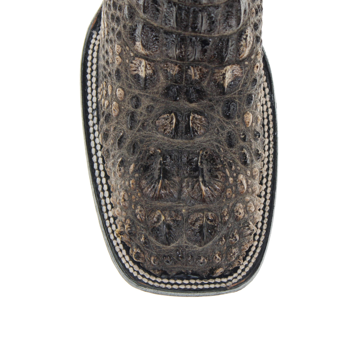 Western cowboy boot close-up, dark mottled leather vamp with stitched border