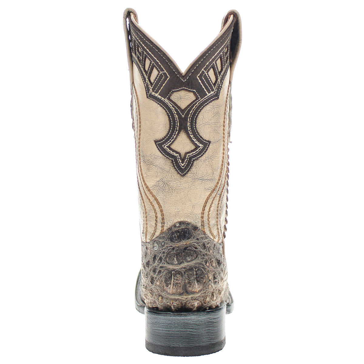 Tan western cowboy boot with dark stitched emblem on shaft and textured heel counter.