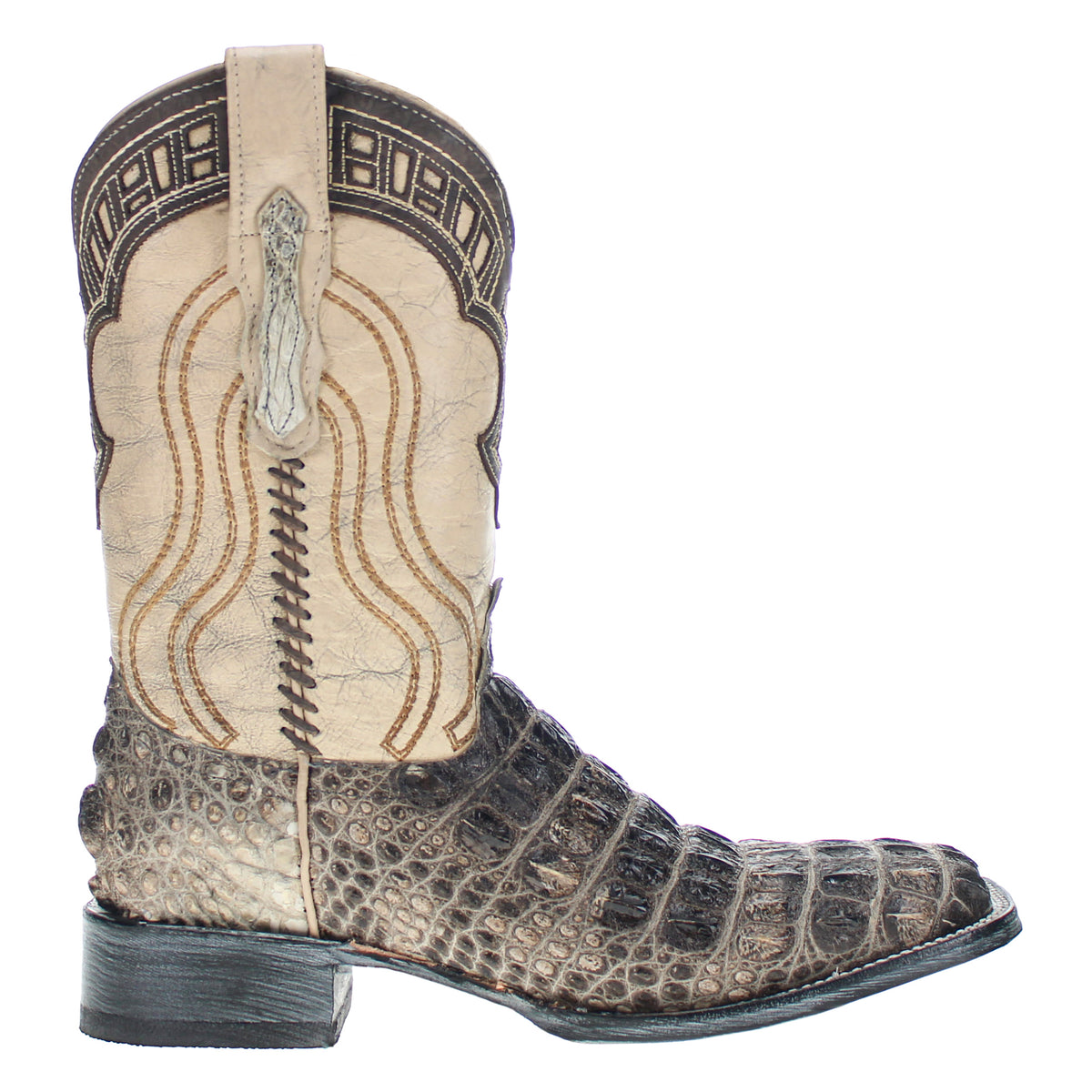 Western boot with tan shaft and dark crocodile foot; decorative embroidered border details.