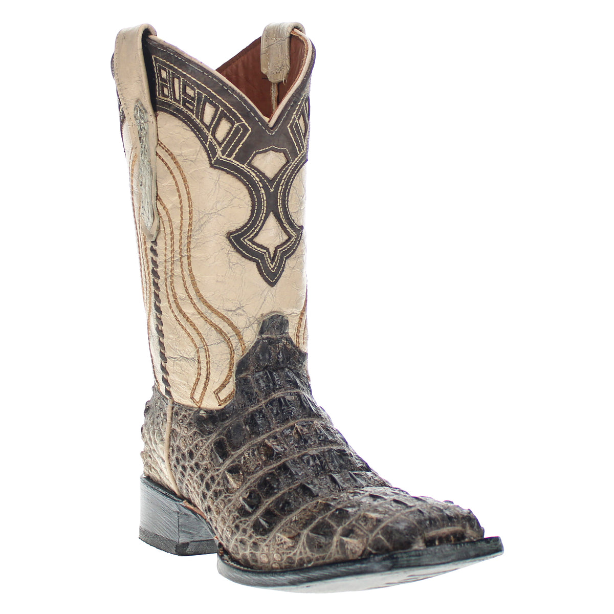 Tan and dark brown western boot with embroidered shaft and crocodile-textured foot.