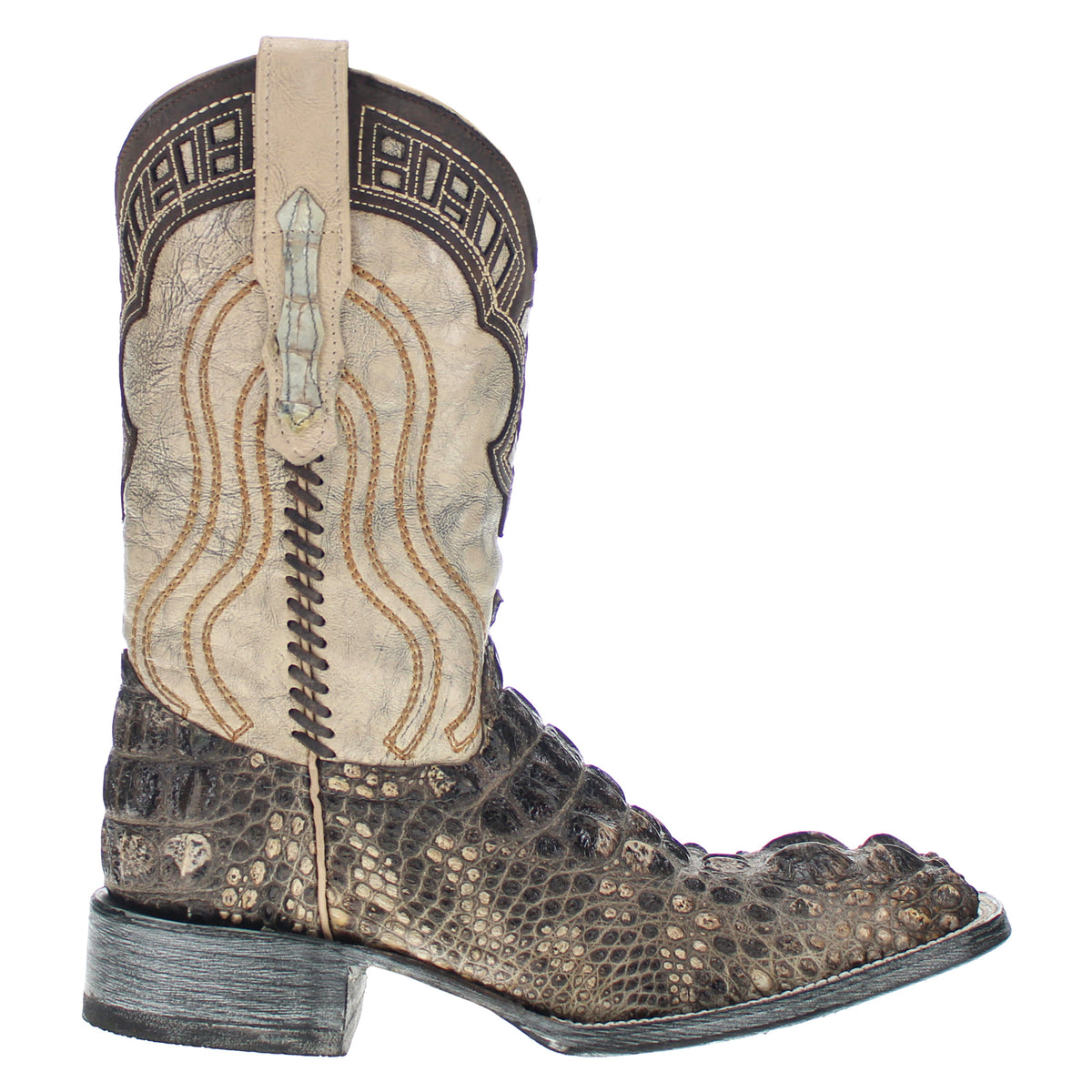 Western cowboy boot side view, tan upper with black trim, textured brown vamp