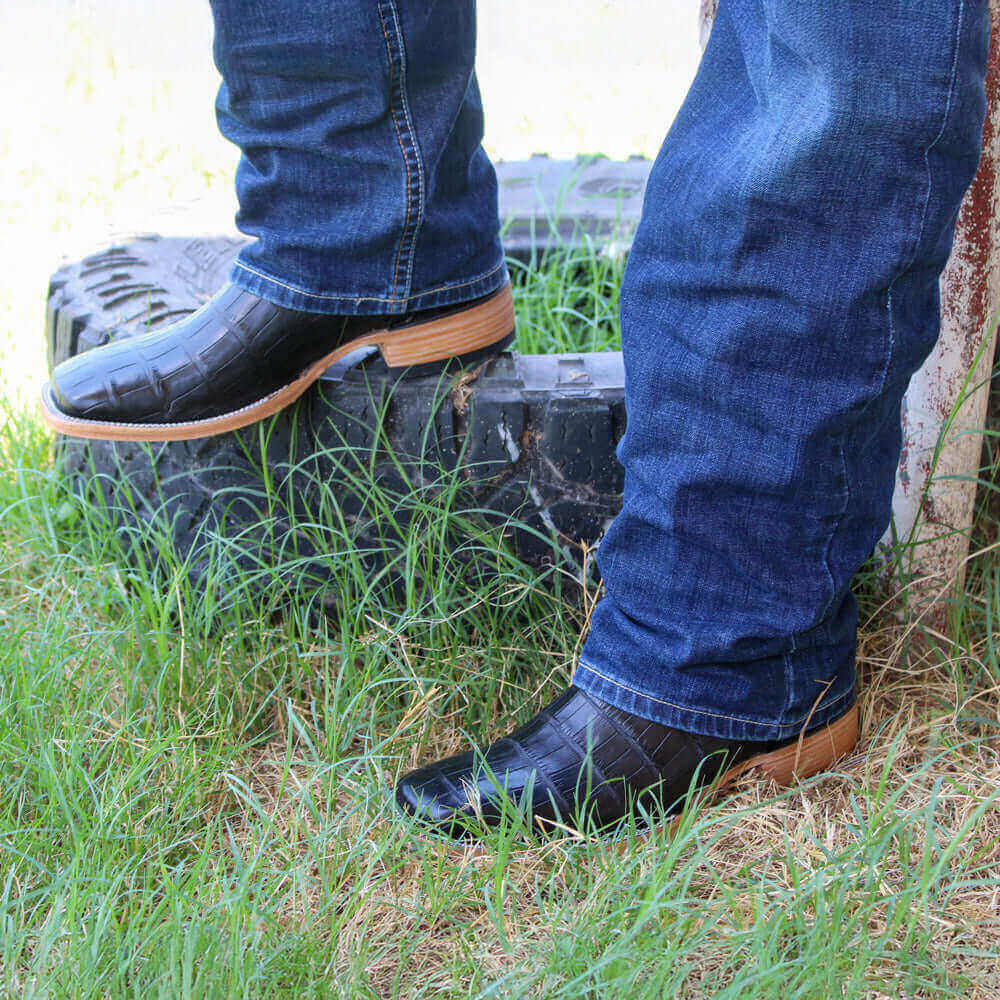 Mens Black American Alligator Belly Tail Square Toe Cowboy Boots That Looks Similar to Caiman by Vaccari