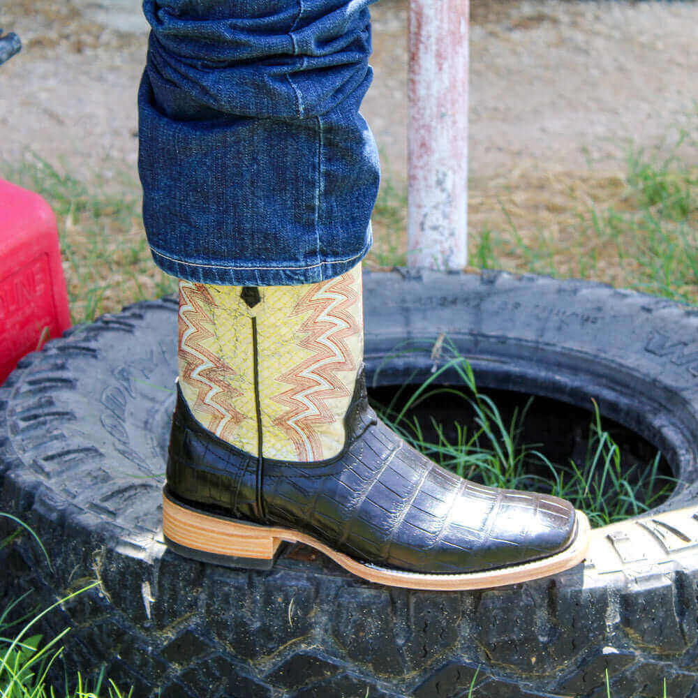 Mens Black American Alligator Belly Tail Square Toe Cowboy Boots That Looks Similar to Caiman by Vaccari