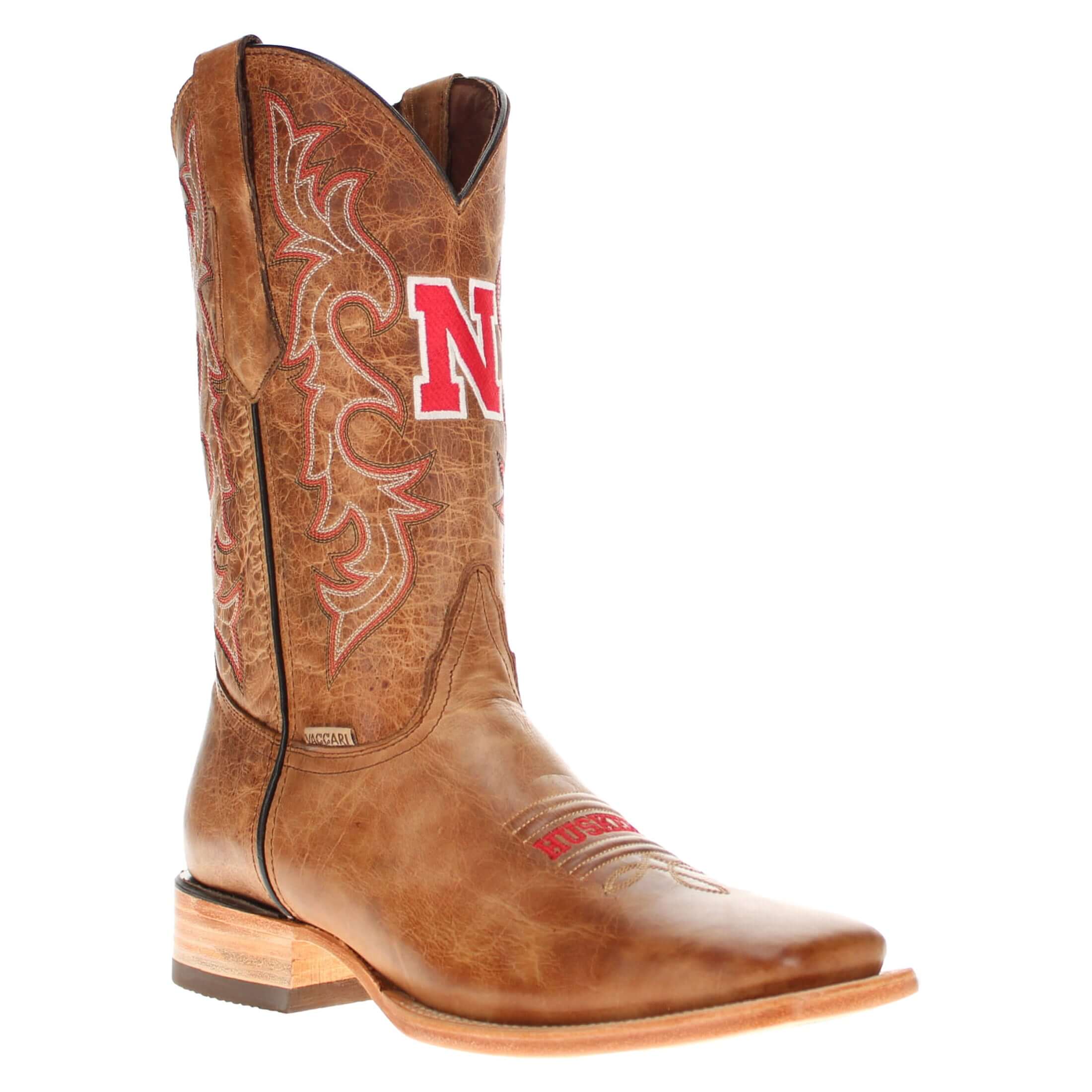 Men's University of Nebraska Cornhuskers Tan Leather Square Toe Cowboy Boots by Vaccari