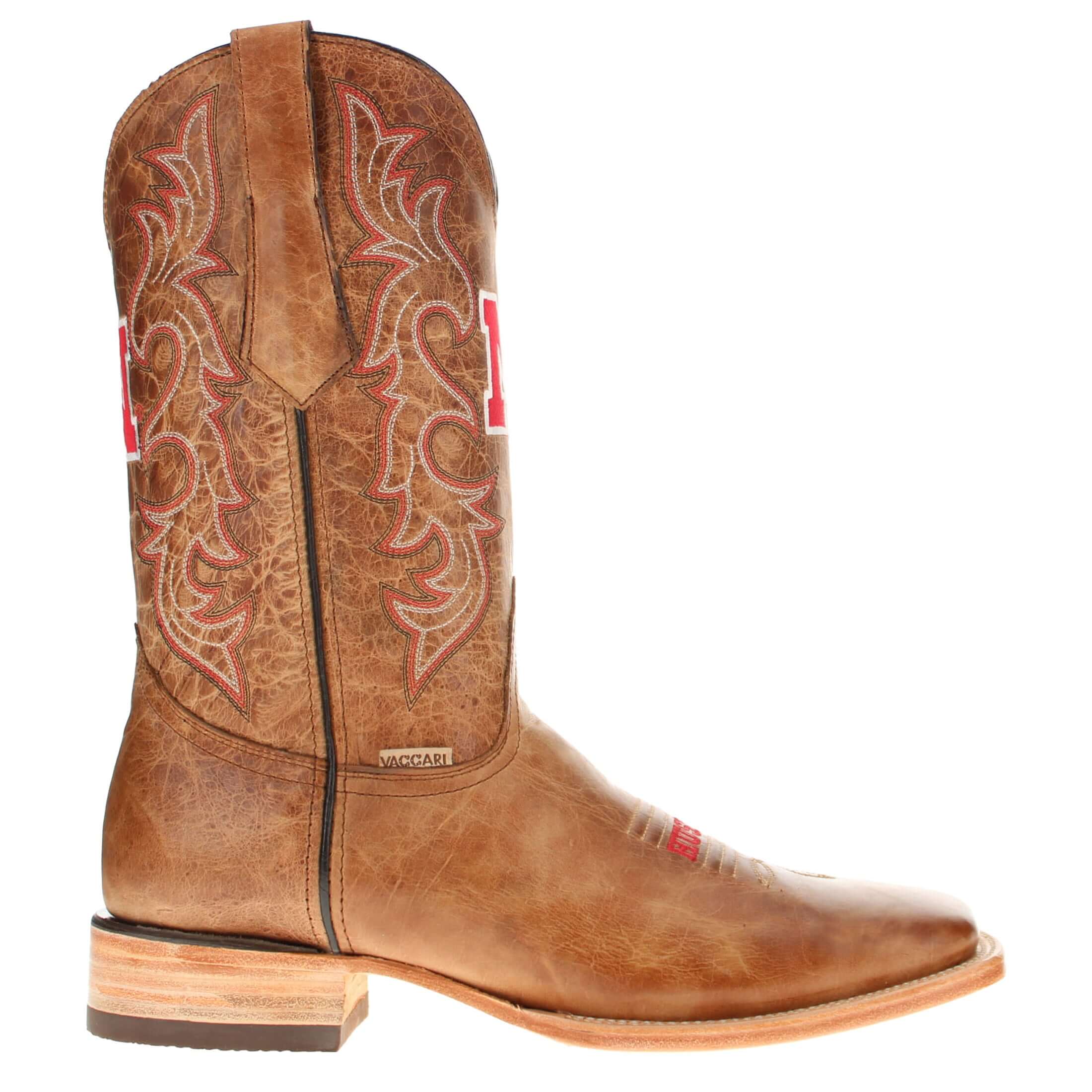 Men's University of Nebraska Cornhuskers Tan Leather Square Toe Cowboy Boots by Vaccari