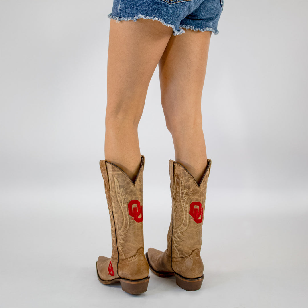 Women's University of Oklahoma Sooners Tan Leather Snip Toe Cowgirl Boots by Vaccari
