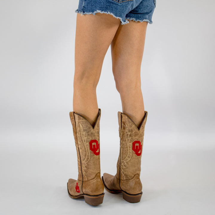 Women's University of Oklahoma Sooners Tan Leather Snip Toe Cowgirl Boots by Vaccari