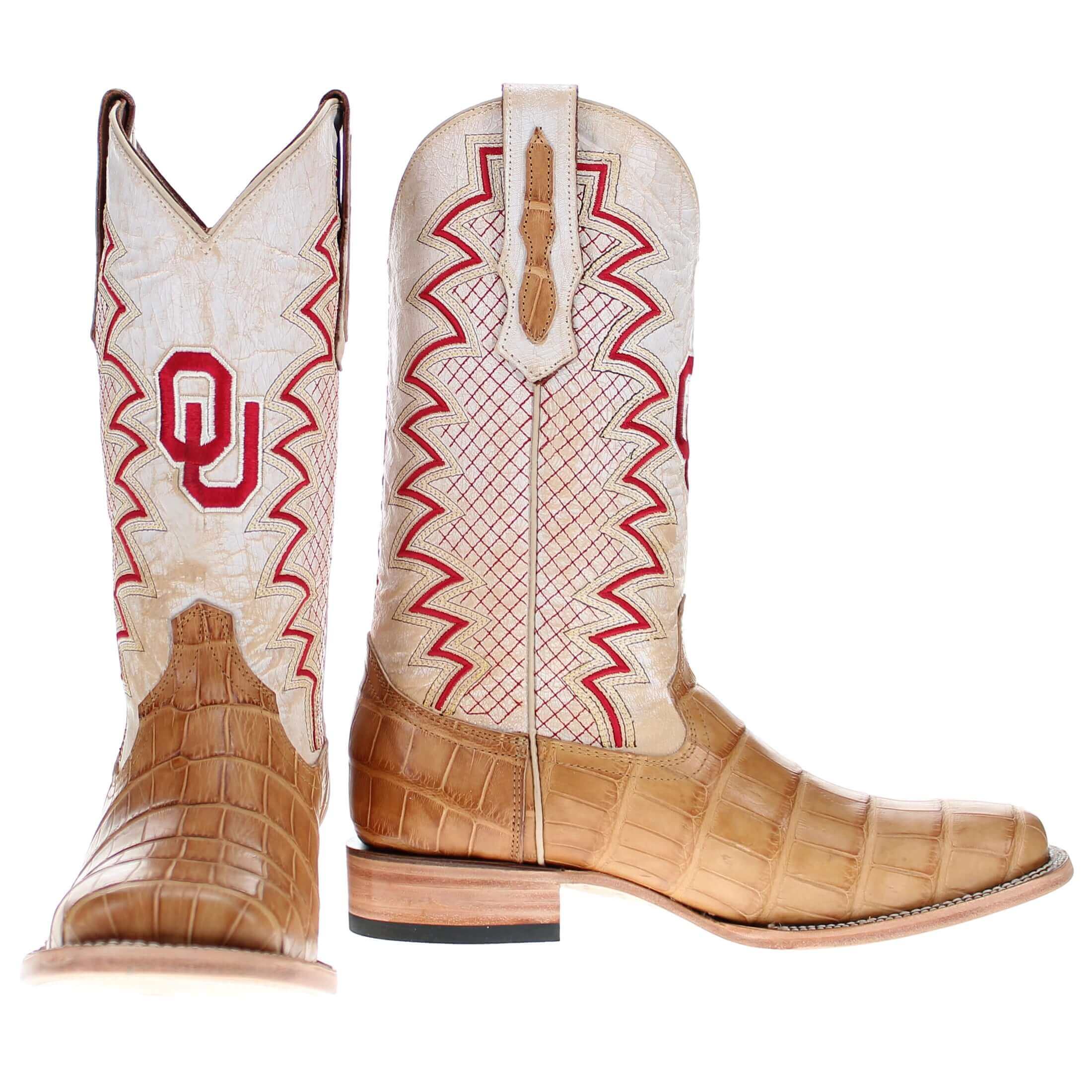 Men's University of Oklahoma Sooners Cowboy Boots | OU Tan Square Toe American Alligator Boots | Officially Licensed | Parker