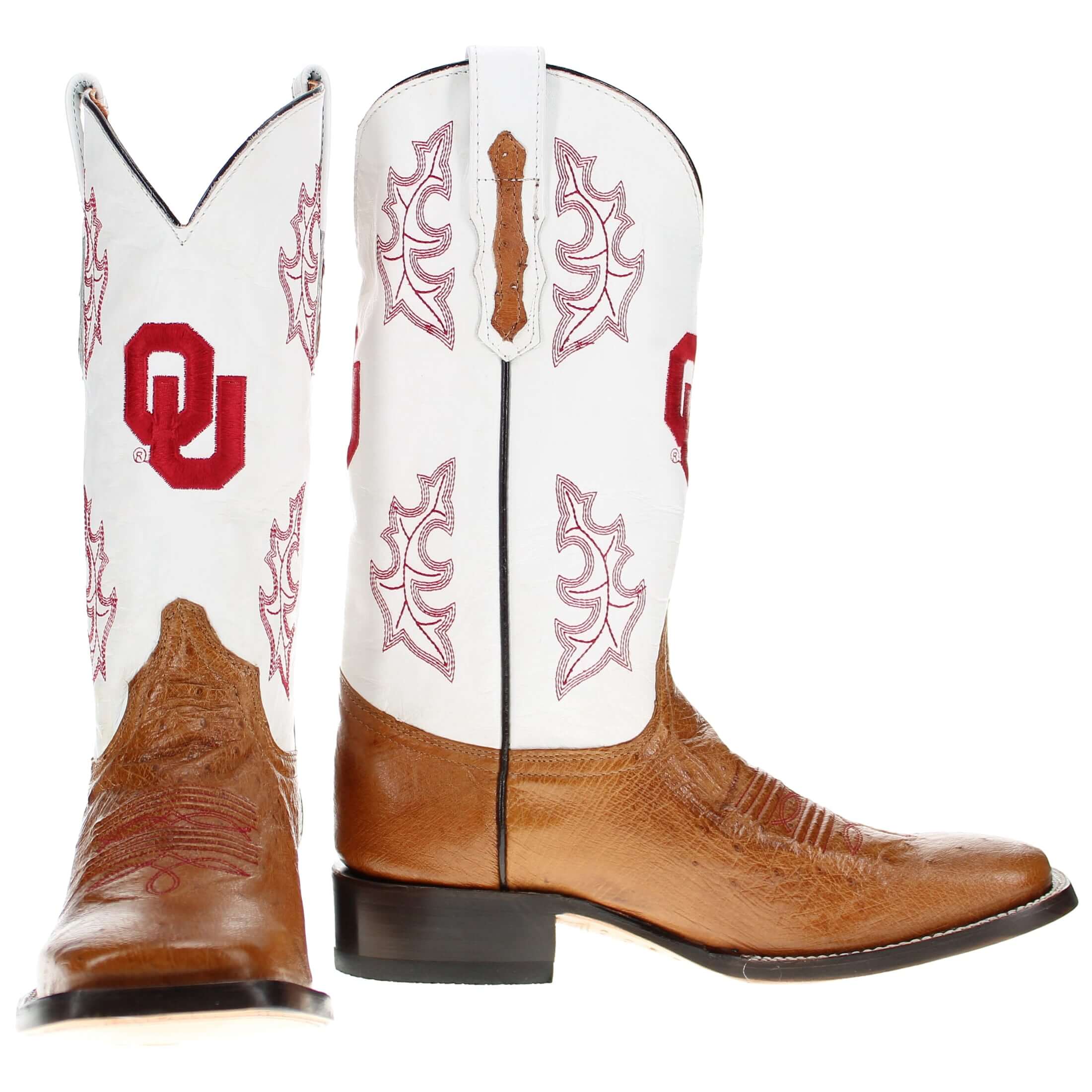 Men's University of Oklahoma Sooners Cowboy Boots | Tan Broad Square/JW toe Smooth Ostrich Boots | Officially Licensed | Brooks