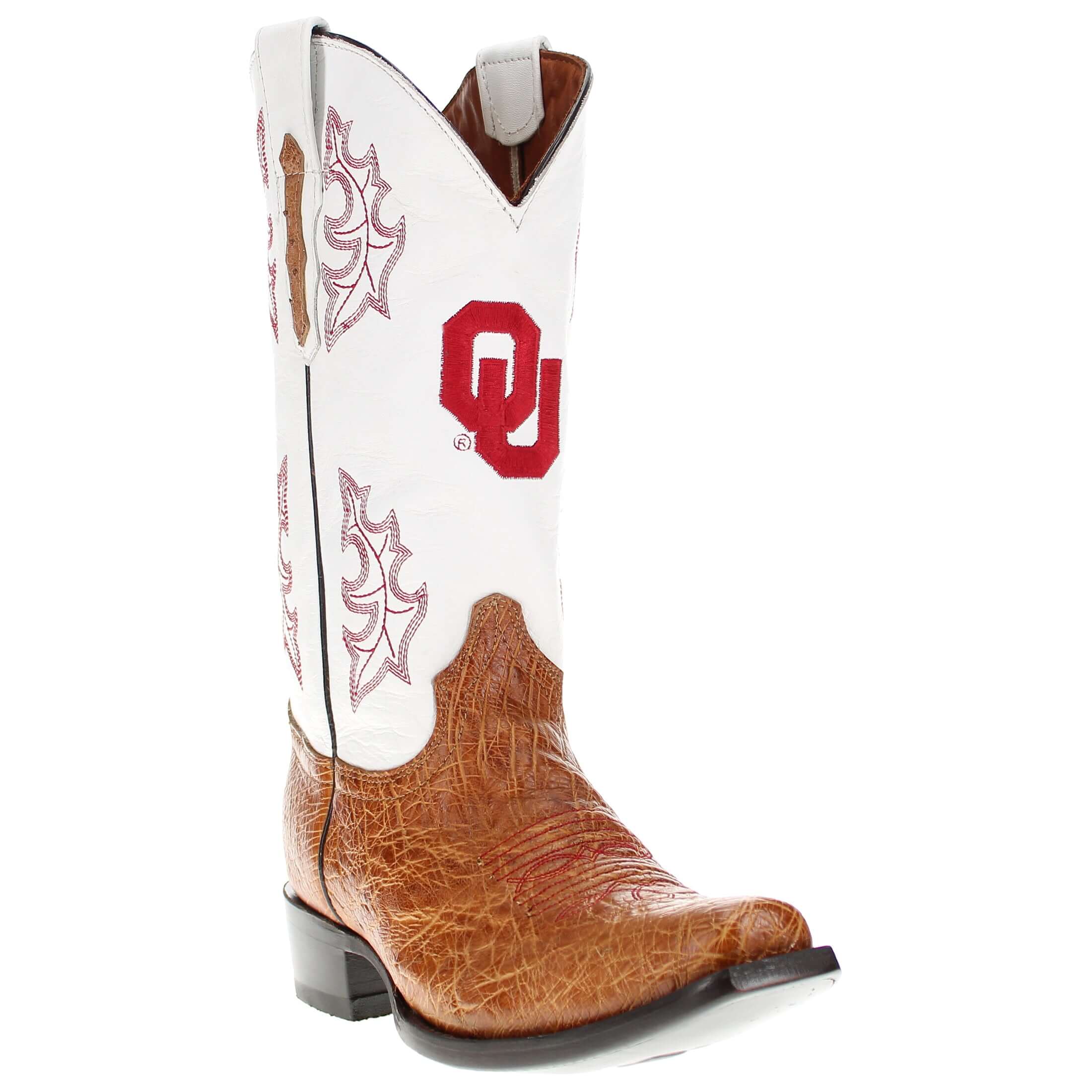 Men's University of Oklahoma Sooners Cowboy Boots | Tan Broad Square/JW toe Smooth Ostrich Boots | Officially Licensed | Brooks