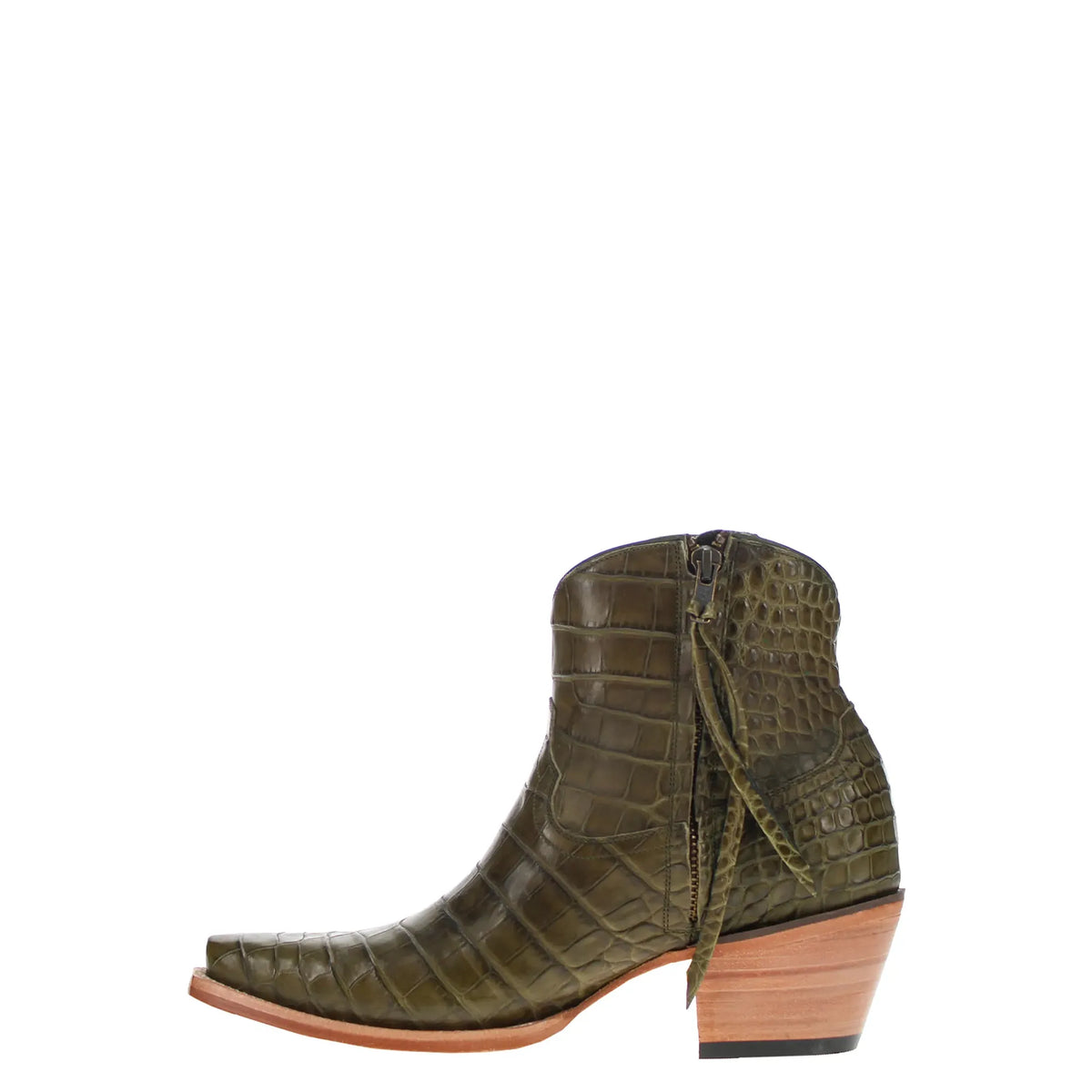 olive green alligator belly ankle boot with front zipper and short block heel