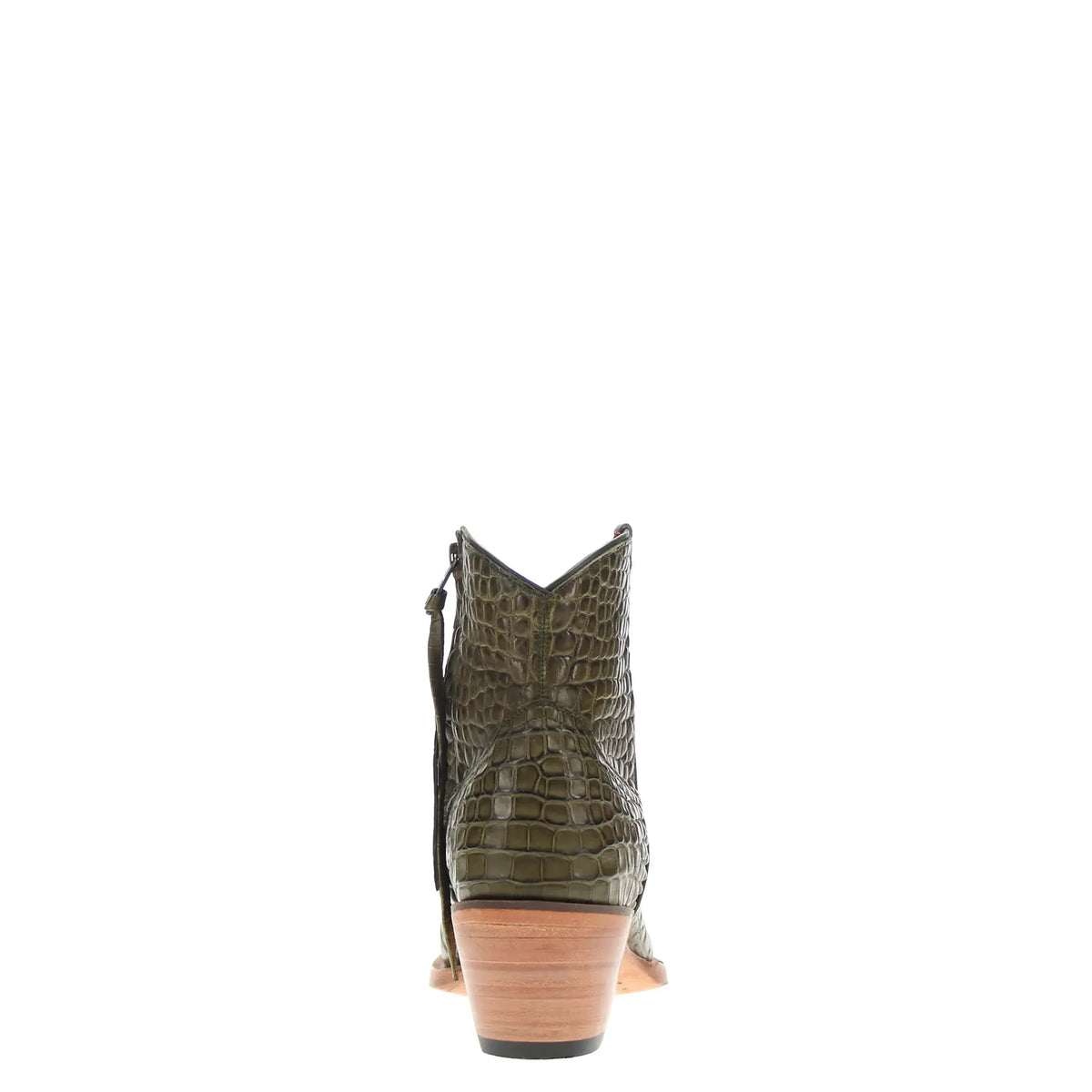 olive green alligator belly ankle boot back view with heel and top lace-up detail