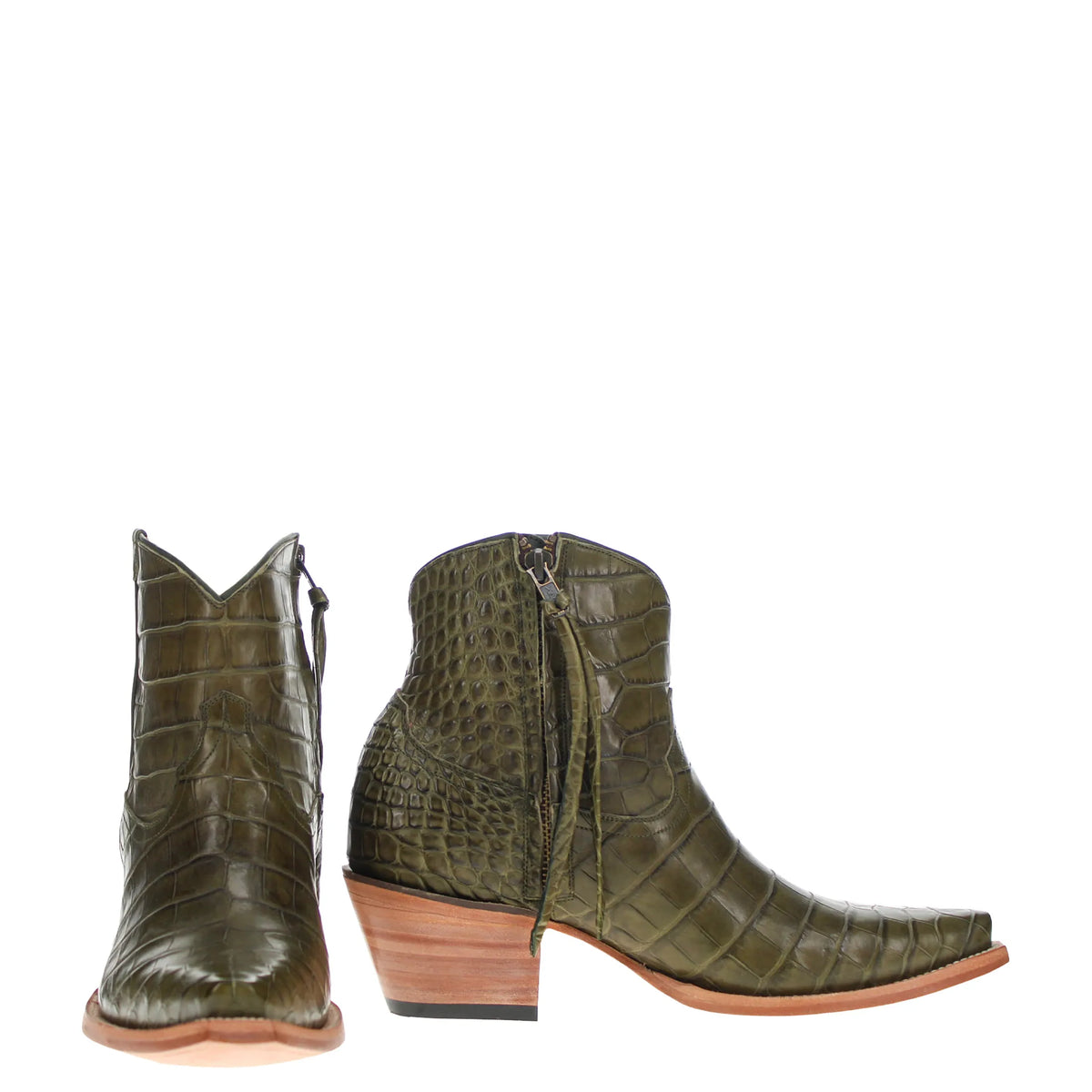 A pair of olive green alligator belly ankle boots with a pointed toe, low stacked wood block heel, and side zipper, shown from the front and side profiles on a white background.