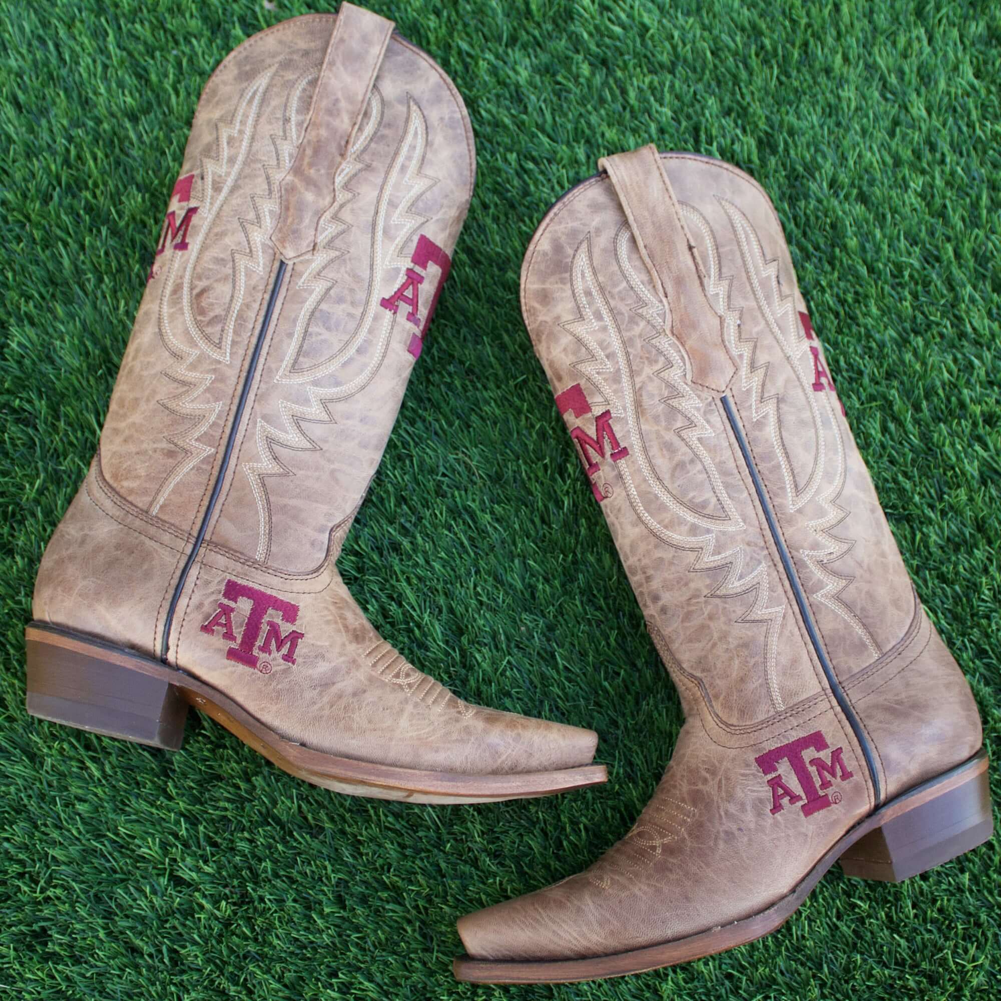 Women's Texas A&M Aggies Tan Leather Snip Toe Cowgirl Boots by Vaccari