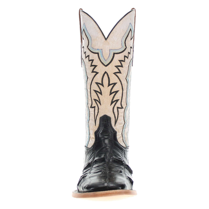 Headcut black American alligator leather cowboy boots with a broad square toe amde by Vaccari boots.