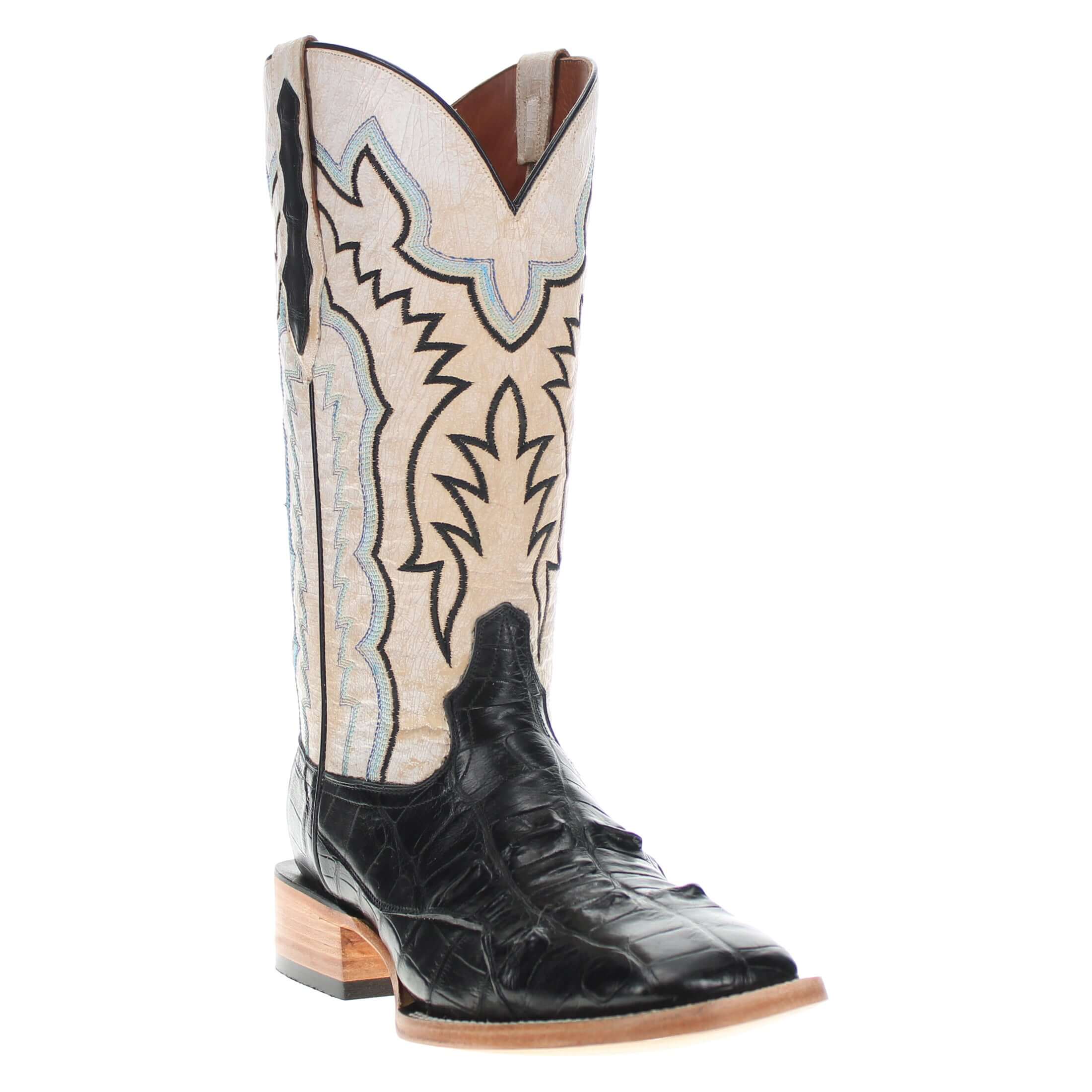 Headcut black American alligator leather cowboy boots with a broad square toe amde by Vaccari boots.